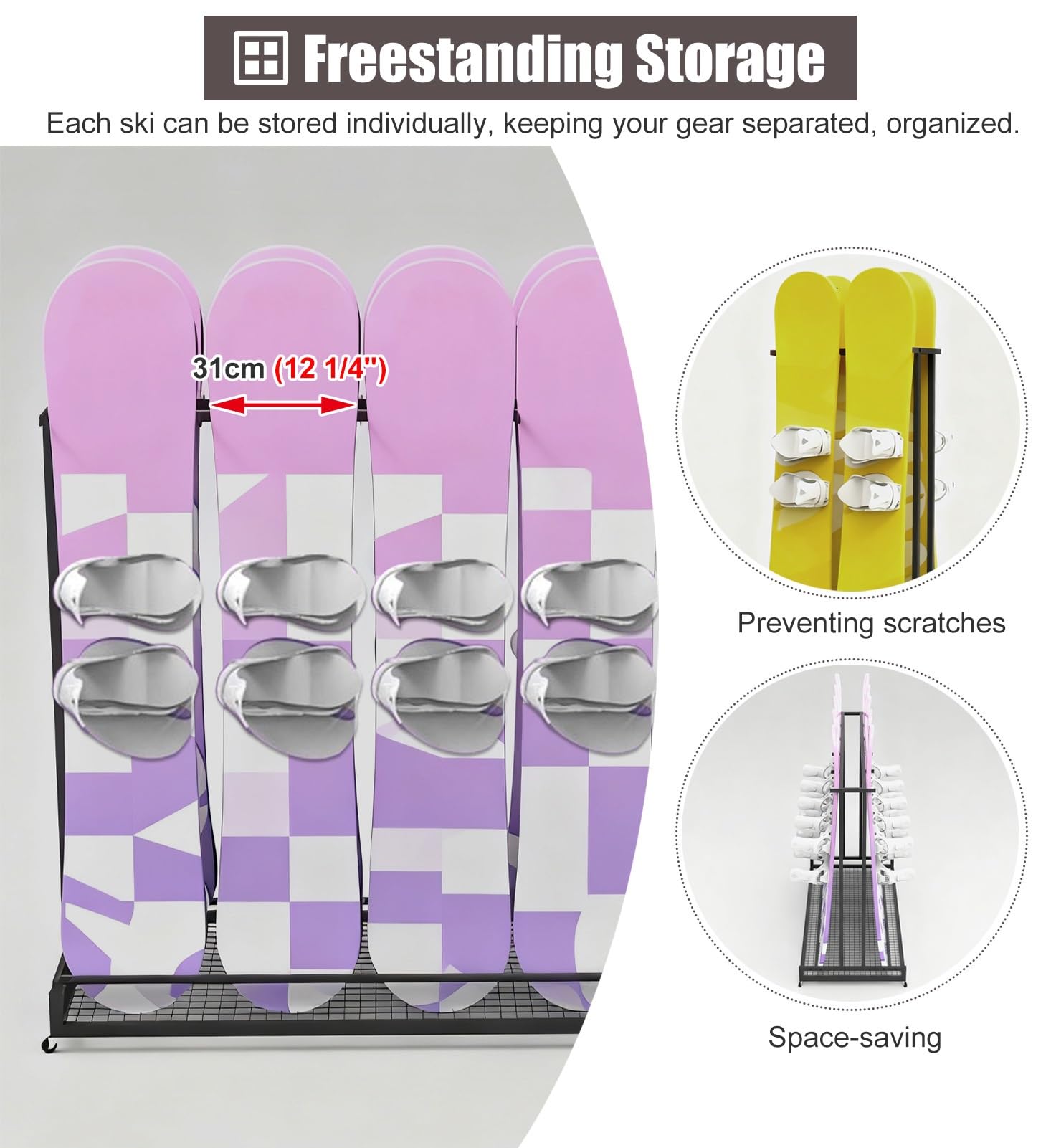 ZIMGOD Guarda Esquis Soporte de Suelo para Tablas de Snowboard, Soporte Independiente y Móvil para Esquís para Garajes y Talleres Interiores, Portaesquís para Tablas de Snowboard(Width 155cm (61"))