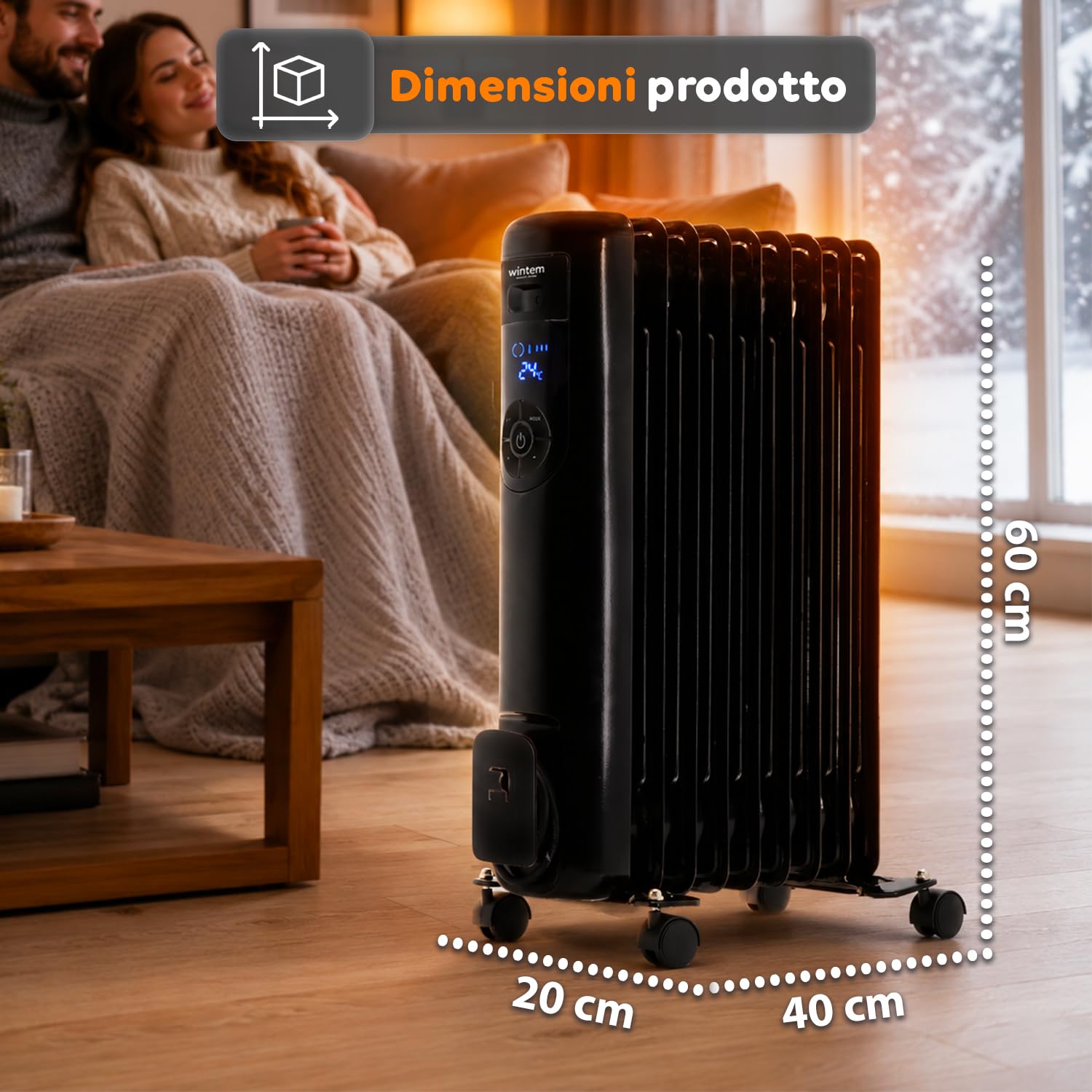 Radiatore Elettrico ad Olio 9 Elementi da 1500 Watt con Timer Programmabile per Accensione e Spegnimento - Display Digitale a Led e Telecomando, 60cm
