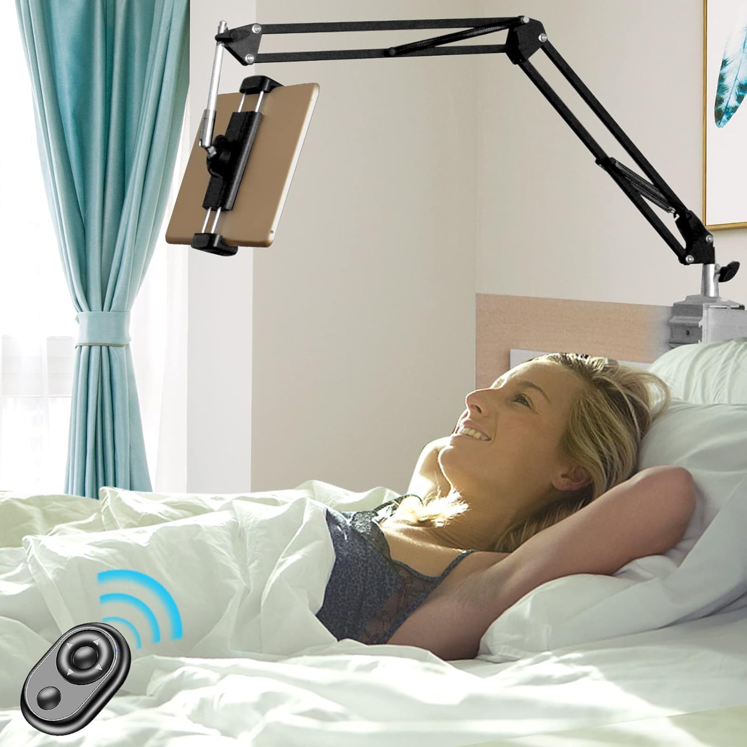 JACEPFY Tablet Halterung Bett, Handyhalterung Bett, Inklusive Fernbedienung, 360 Drehbar Aus
