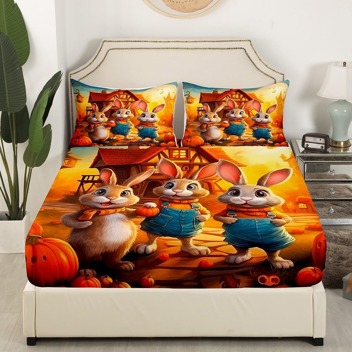 Erosebridal Cute Rabbit Fitted Sheet Full,Farmhouse Animal Print Bunny Bedding Set Kawaii Room Decor,Halloween Pumpkin Bed Set Rustic Cabin Style Cartoon Animals Bottom Sheets Only (3Pcs)