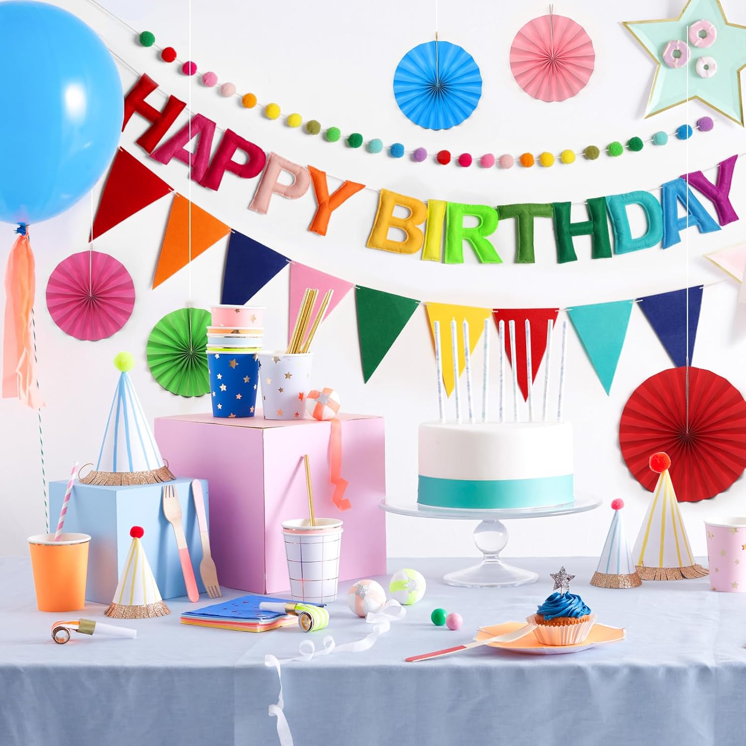 Pre-Strung Happy Birthday Banner, Reusable Felt Birthday Party Decorations, 3D Effect Happy Birthday Sign with Felt Ball Garland, Pennant Flag, Hanging Paper Fans for Men Women Boy Girls (Rainbow)