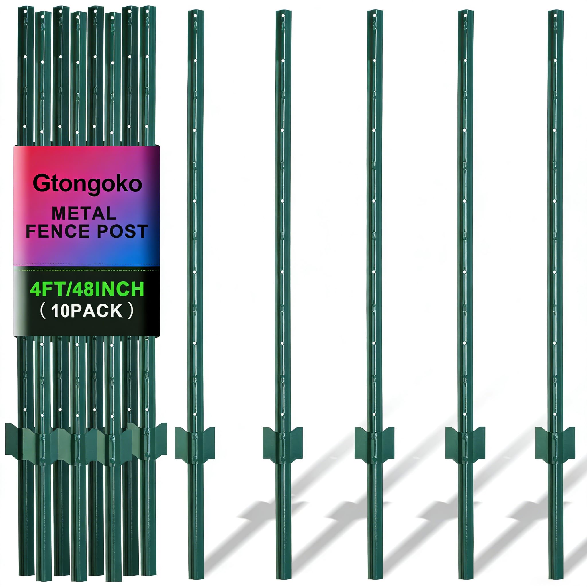 Gtongoko 3 Feet Sturdy Duty Metal Fence Post, Pack of 10, U Post for Fencing Green Fence Posts for Garden Yard and Outdoor Wire, SIMILAR TO STOCK PHOTOS