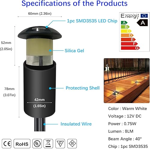 Miniatura 2 de Luces de suelo de aluminio de 5 W con carcasa protectora, blanco cálido 2.56 pulgadas, bajo voltaje, 12-24 V CACC 18 AWG con cable IP67 impermeable,