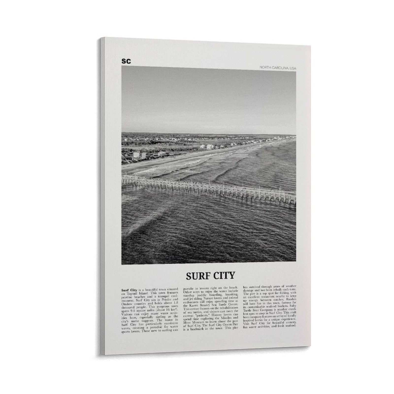 LZTEN Surf City Print, Black And White Wall Art, North Carolina, USA Canvas Poster