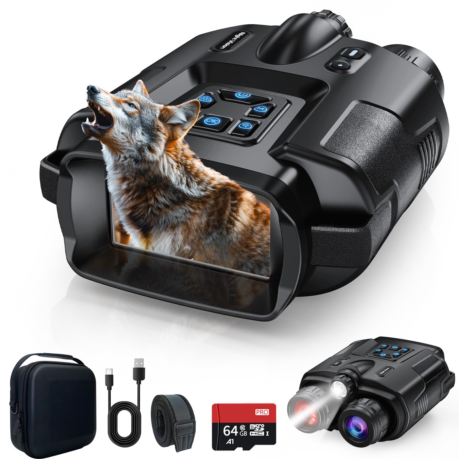 Jumelles de Vision Nocturne 4K, Zoom numérique 8X, Batterie 5000 mAh Rechargeable, portée visuelle 600 m, écran TFT UHD de 3", étanche IP65, pour la Chasse, Le Camping avec Carte TF de 64GB