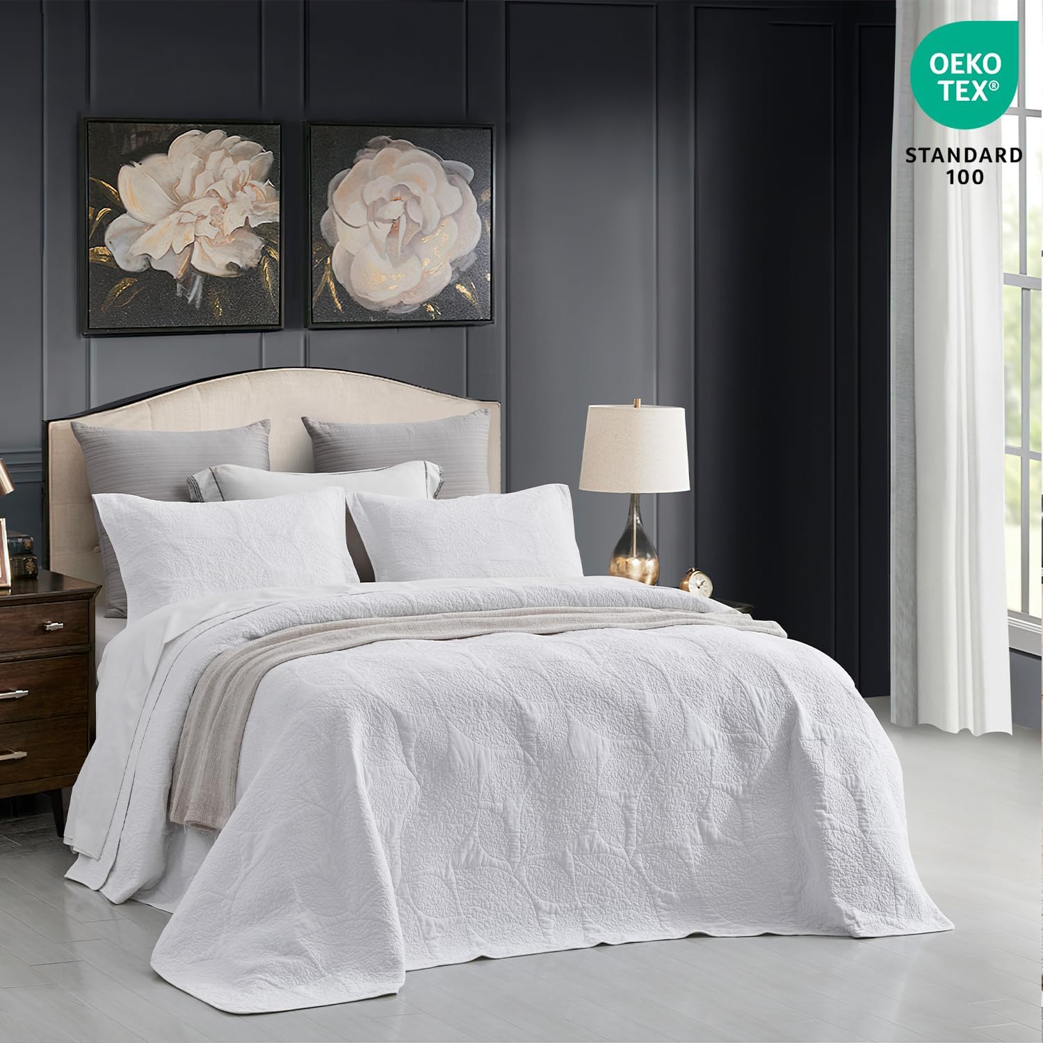 CHIXIN Botanical Cotton Quilt Queen Size - Real Stitching Leaf Pattern - Quilted Bedspread Coverlet Set, Ultra Soft, Lightweight, Reversible, 3 Piece, Pure White