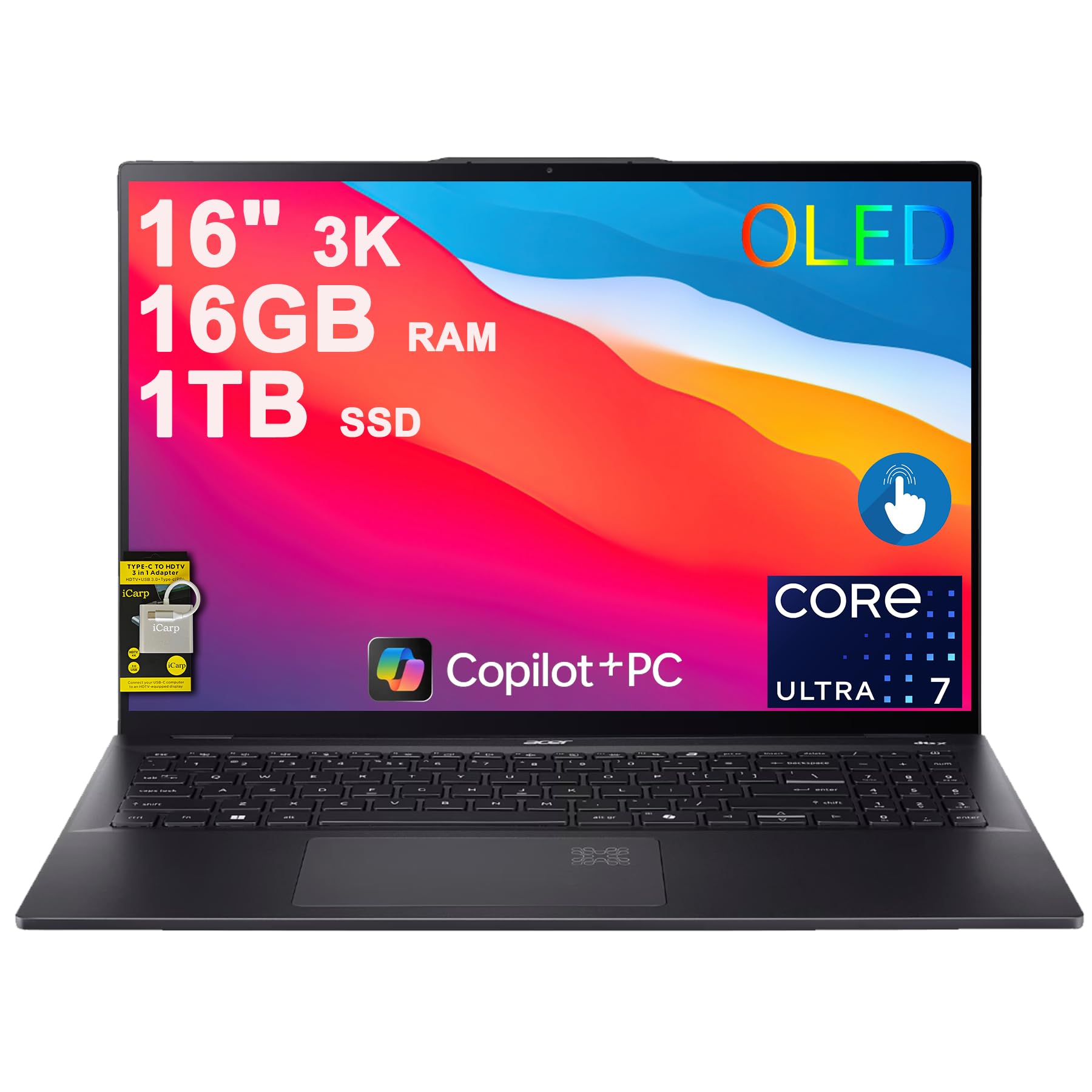 Acer Swift 16 AI Laptop 16" 3k OLED 120Hz Touch (100% DCI-P3) Intel 8-core Ultra 7 256V (Up to 47 Tops) 16GB RAM 1TB SSD Backlit Fingerprint for