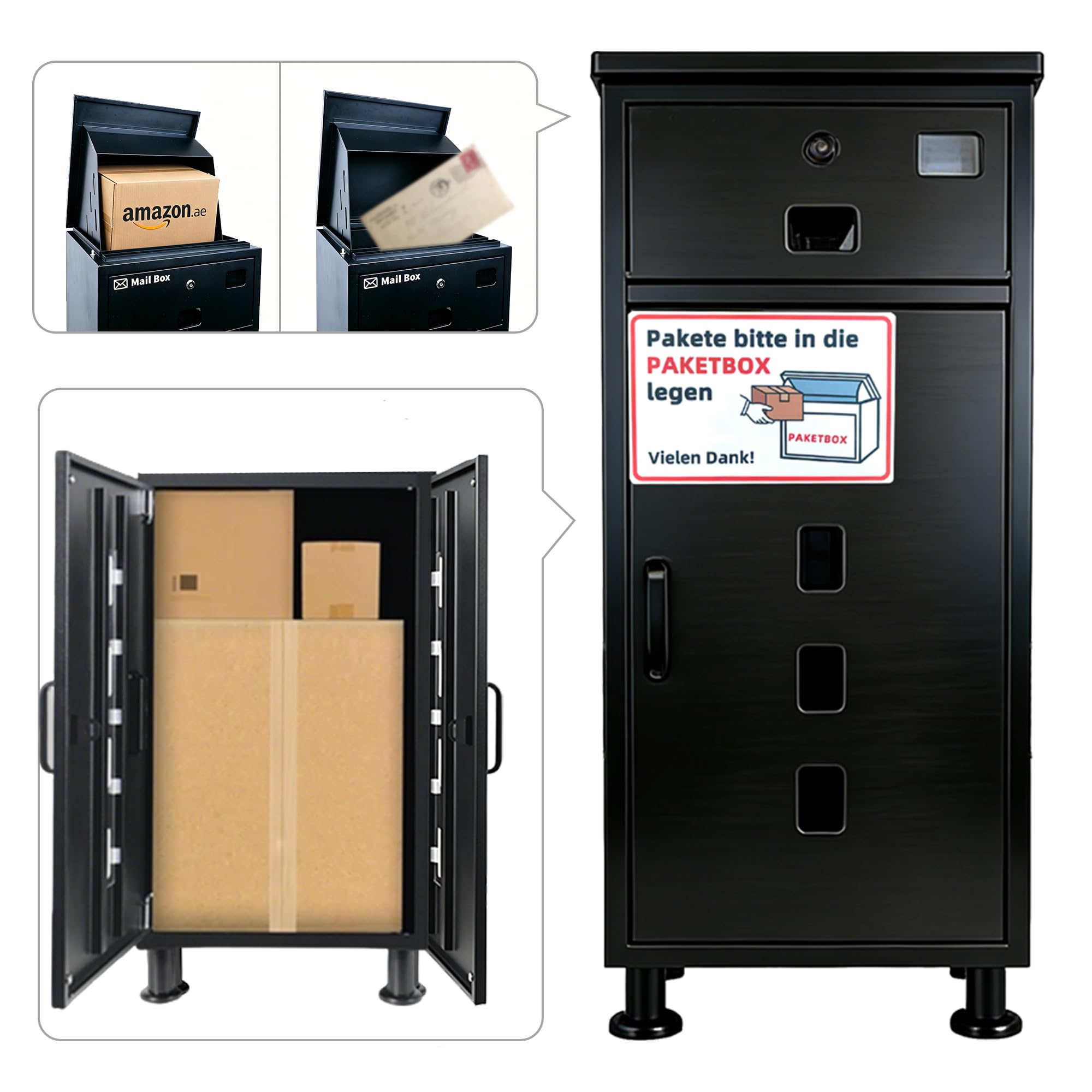 paketbriefkasten XXL undbriefkasten groß,Pulverbeschichtet，Wasserdicht, rostfrei und diebstahlsicher briefkasten paketbox Bodenstehender Parcel Box, einfach zu montieren.-Kohlenschwarz