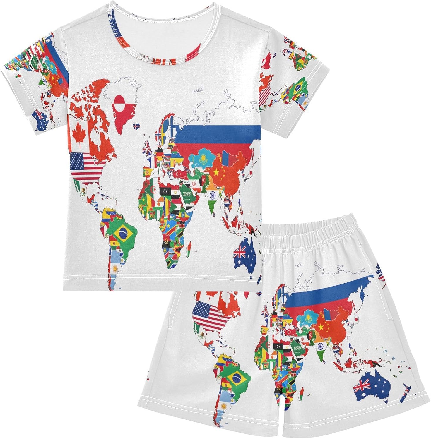 senya Short Sleeve Pajamas Sets Summer Cotton Sleepwear National Flag World Map, 5T