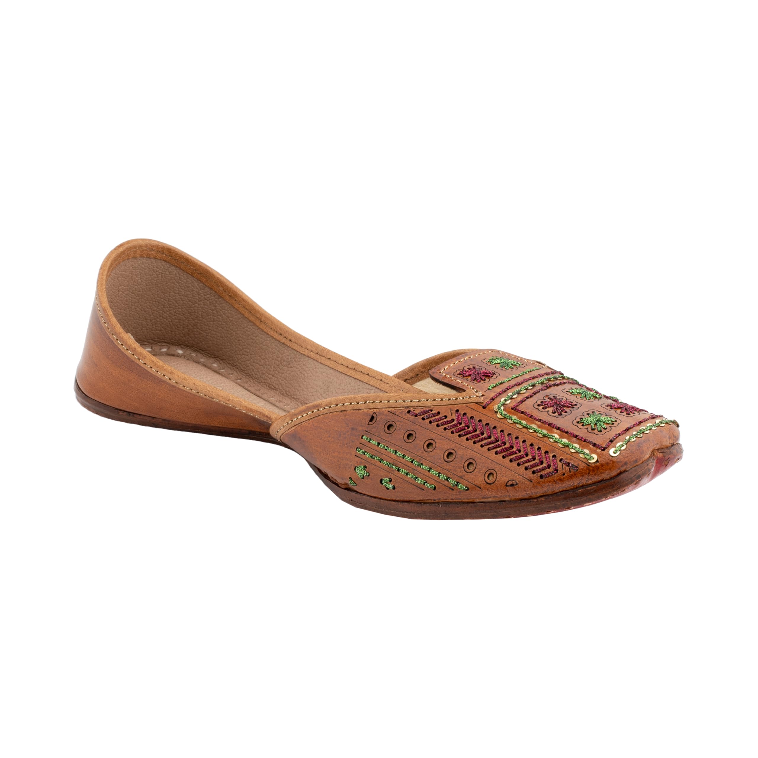 KORAKARI Women's Traditional Ethnic Artsy Tan Punjabi Jutti, Leather Flat Comfortable Mojaris for Girls (Size: UK4-9, Tan)
