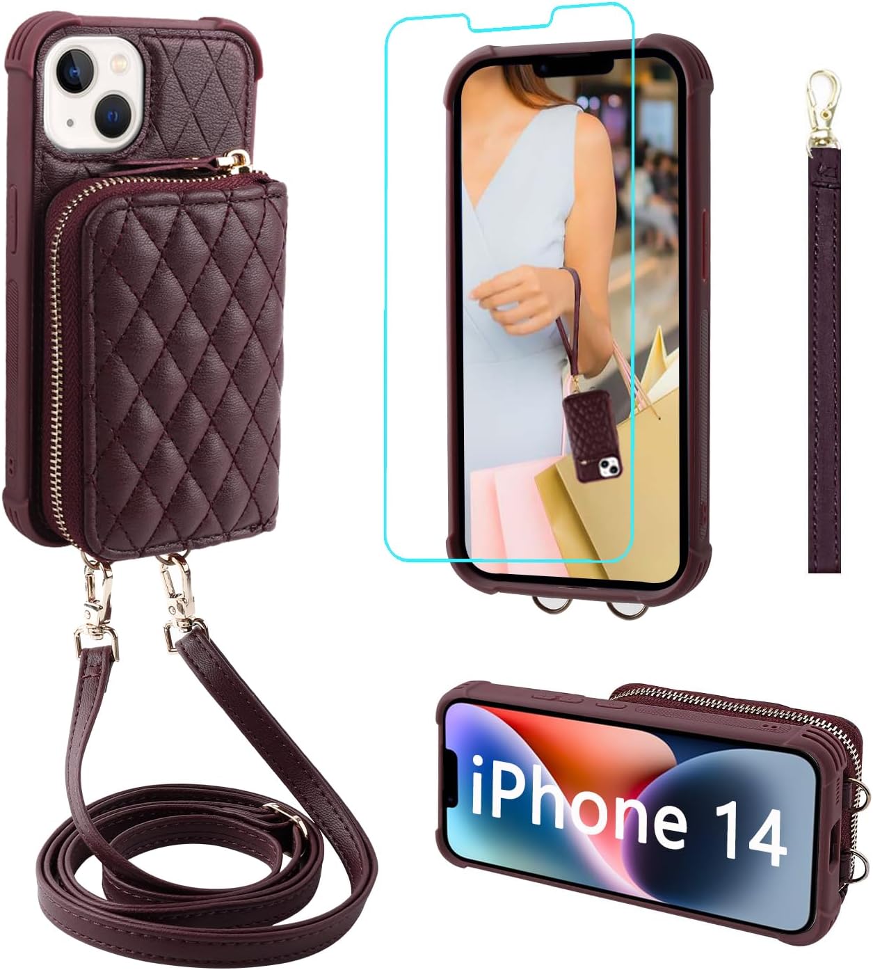 MONASAY Zipper Wallet Case Fit for iPhone 14/13 6.1in[Glass Screen Protector][RFID Blocking] Flip Leather Handbag Phone Cover with Card HolderandDetachable Crossbody Shoulder Lanyard Strap, Burgundy