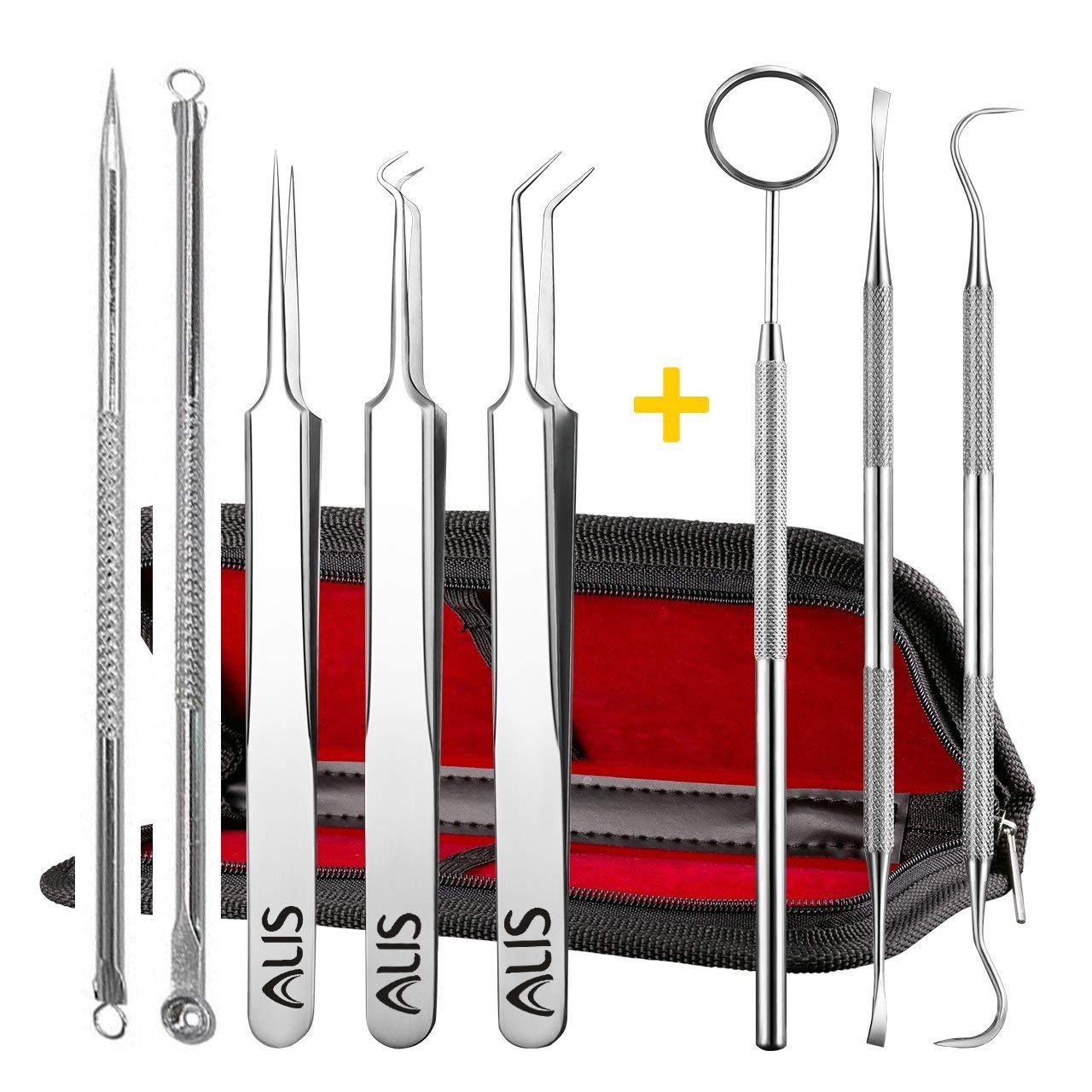 Alis 8 Pcs Blackhead Remover Tweezer Kit includes Comedone Extractor Whitehead Acne Blemish Pimple Remover & Professional Dental Set including Dental Pick, Tartar Plaque Remover