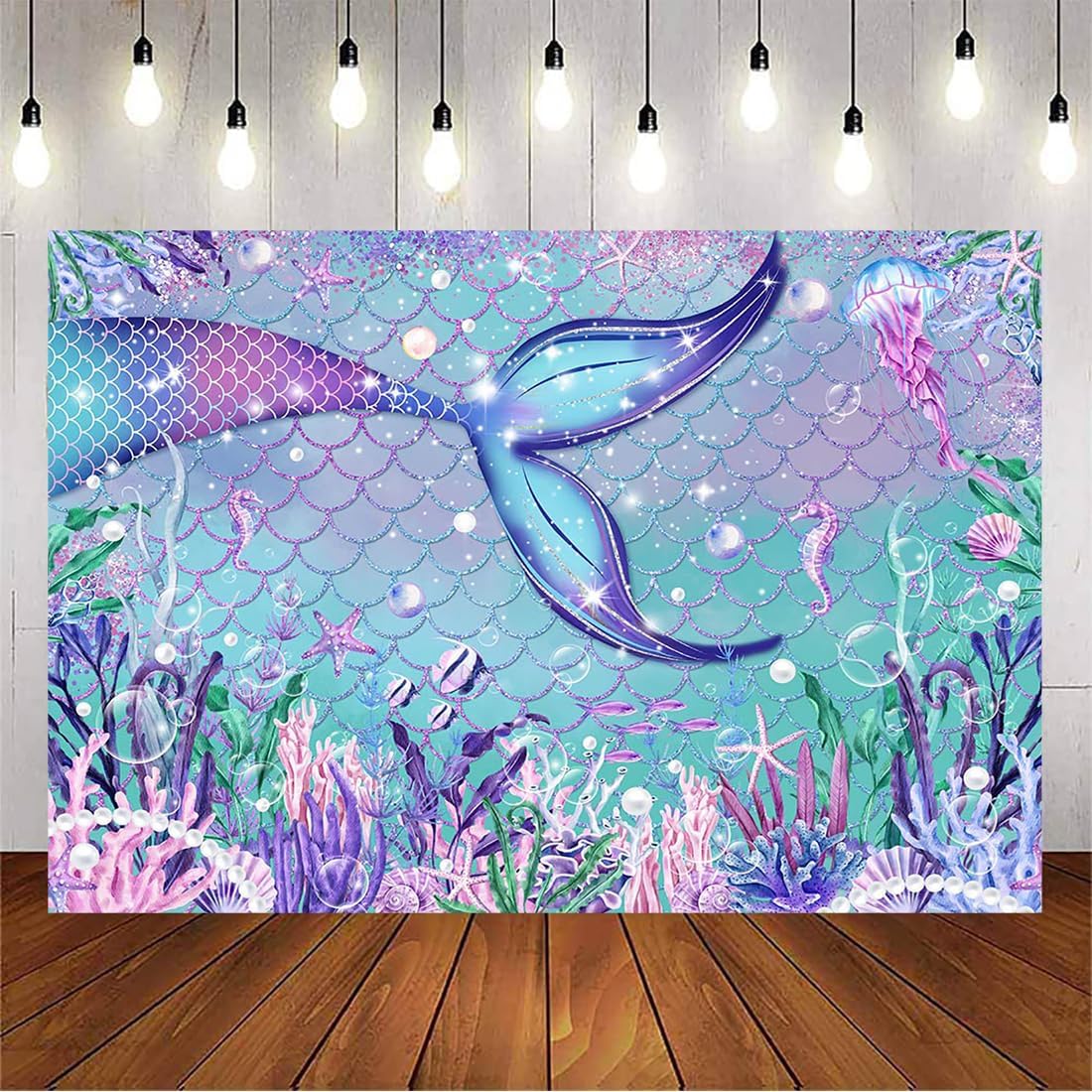 Avezano Mermaid Backdrop for Girls Birthday Under The Sea Little Mermaid Party Banner Decorations Purple Corals Pearls Glitter Scales Underwater Photography Background Supplies 8x6ft
