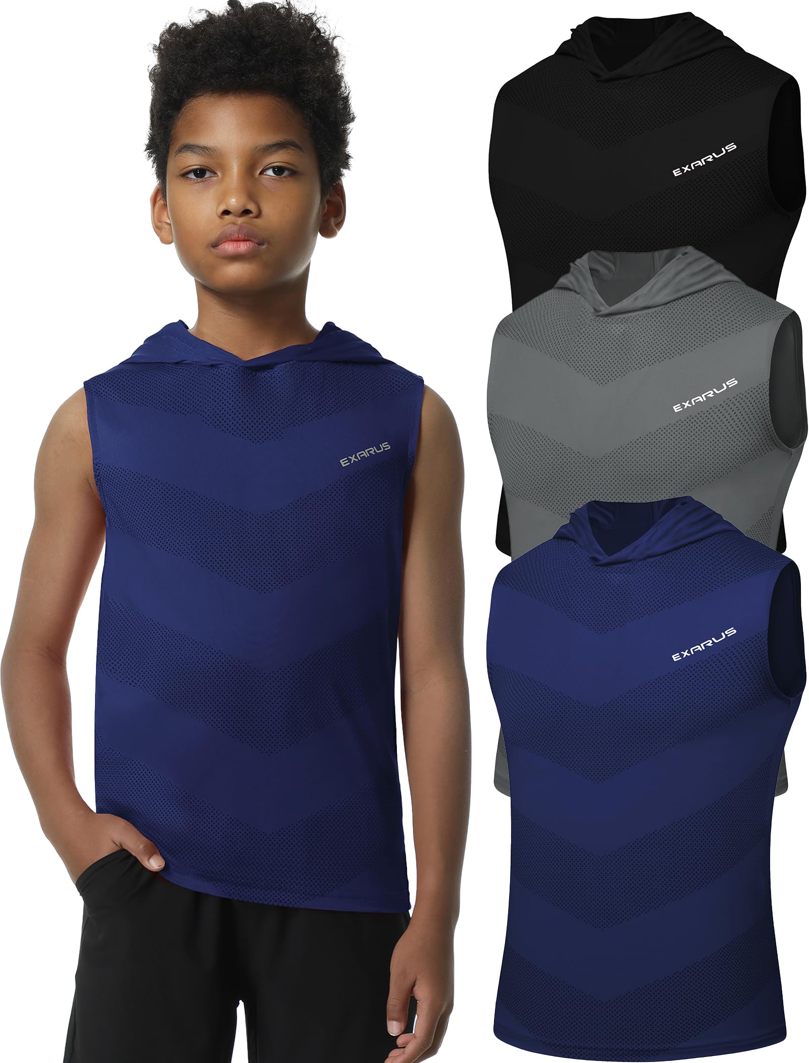 EXARUS Boys Tank Tops Athletic Sleeveless Hoodie Quick Dry Muscle Shirts Hooded Kids Teen Youth