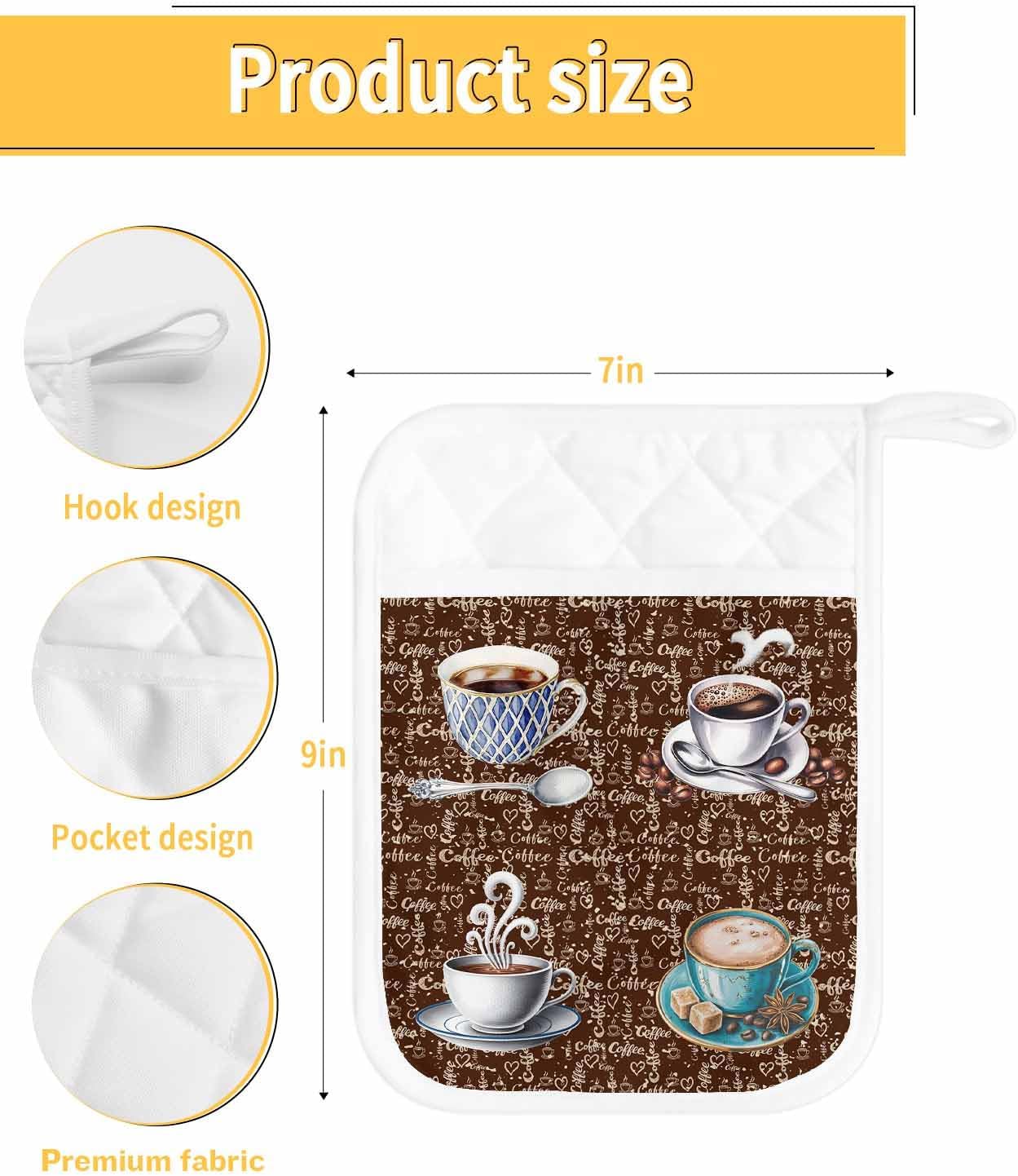 Pot Holders with Pockets, Heat-Resistant Hot Pads for Kitchen, Retro Style Coffee and Candy Heart Doodle Oven Mitts Pot Holders Sets Potholders for Baking Cooking Pack of 5