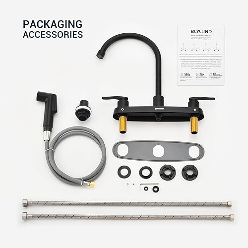 Vista 16 de Grifo de cocina con rociador lateral, níquel cepillado de arco alto de 8 pulgadas, 2 asas, acero inoxidable, grifo de fregadero de cocina para 4