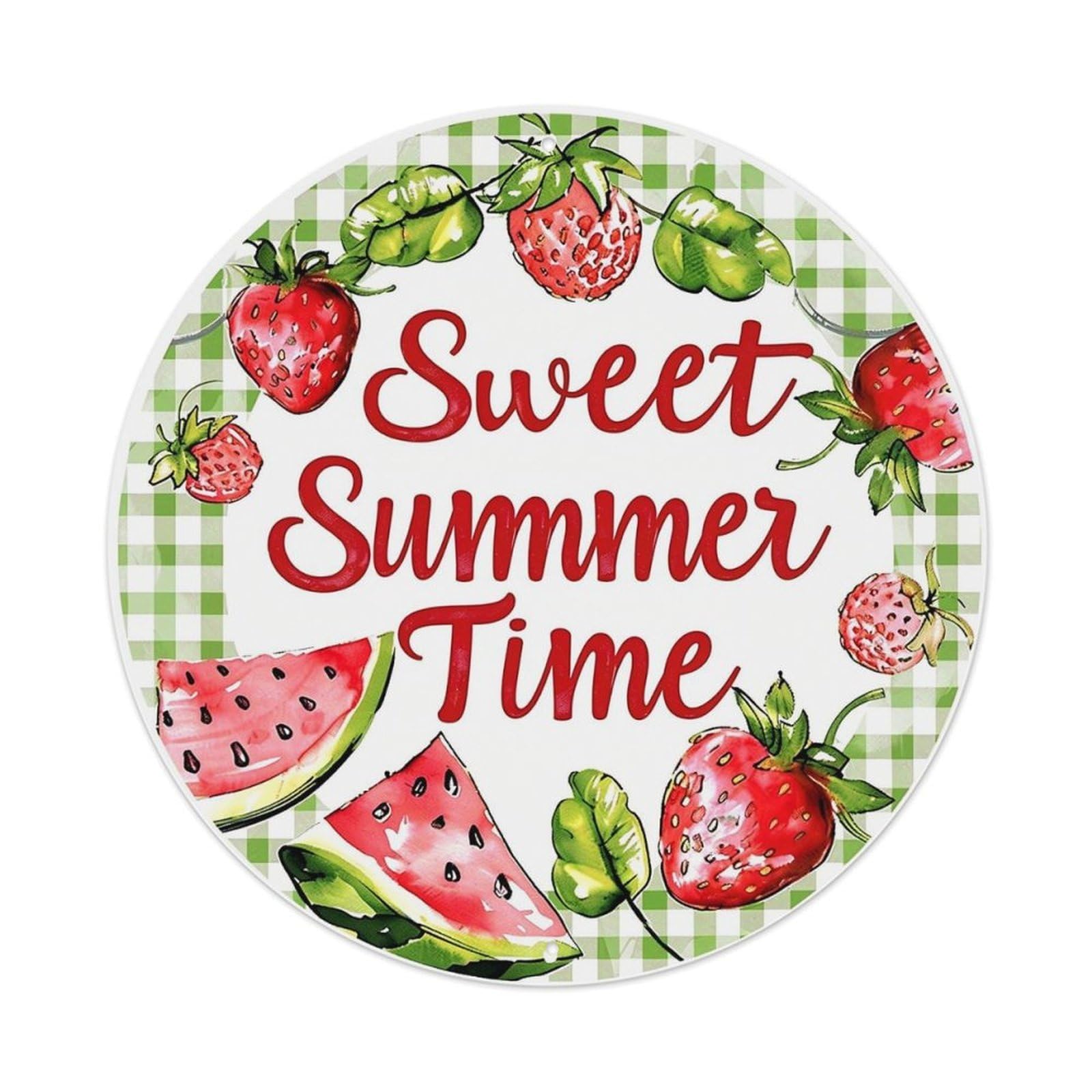 Sweet Summer Time Strawberry Watermelon Retro Metal Sign Round Tin Sign, Vintage Decor Art Poster for Bar, Home, Man Cave, Kitchen, Laundry Room Gift 8x8Inch