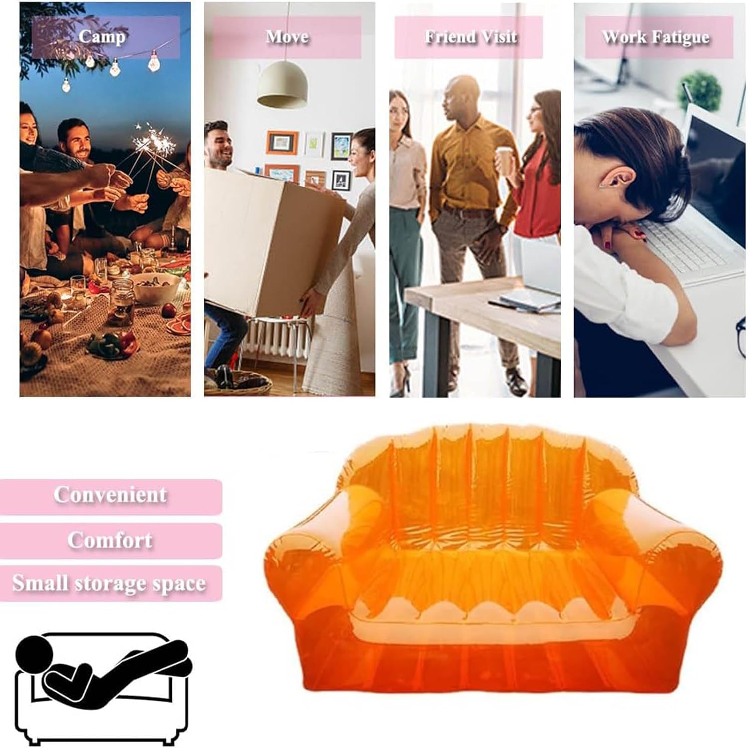 Transparent Inflatable Couch,PVC Sofa Blow Up Couch Bean Bag Lazy Sofa Chair Lounger with Electric Air Pump for Beach/Office/Outdoor/Travel/Camping (Orange)