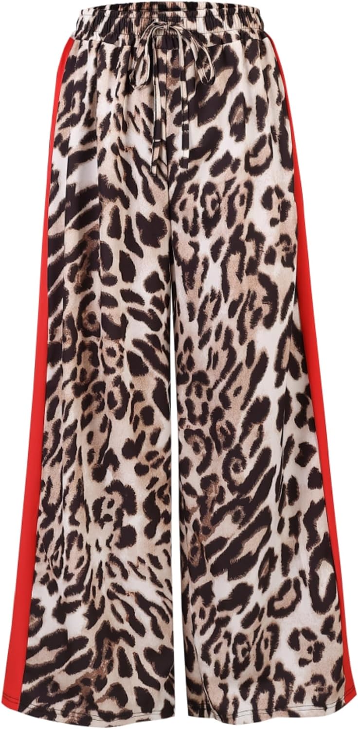 Women's Casual Pants Drawstring Leopard Print Color Block Side Striped Straight Leg Wide Leg Loose Pants - Image 5