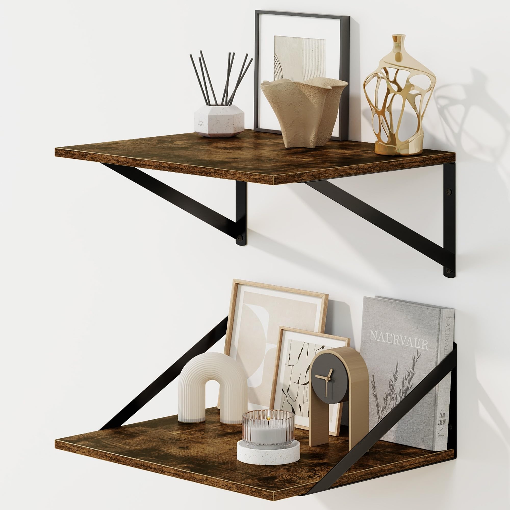 Fun Memories Floating Shelves for Wall, 12 Inch Deep Floating Shelves Set of 2, 16W x 12D Large Wall Shelf with Sturdy Metal Brackets for Living Room,