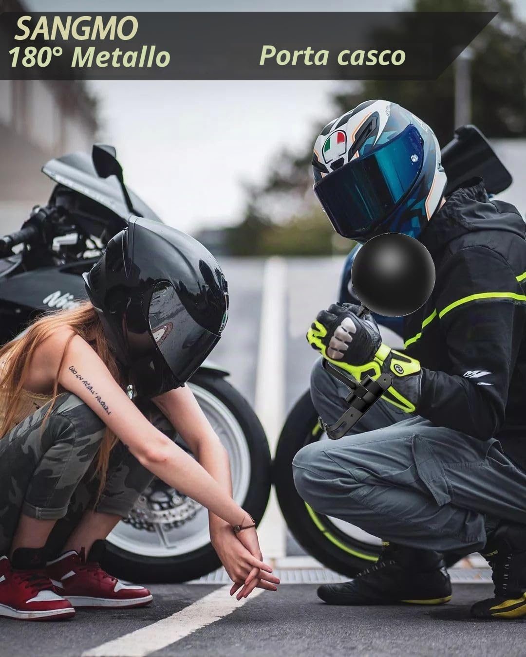 SANGMO Supporto da parete per casco da moto, casco da bici, rotazione di 180 gradi, in metallo