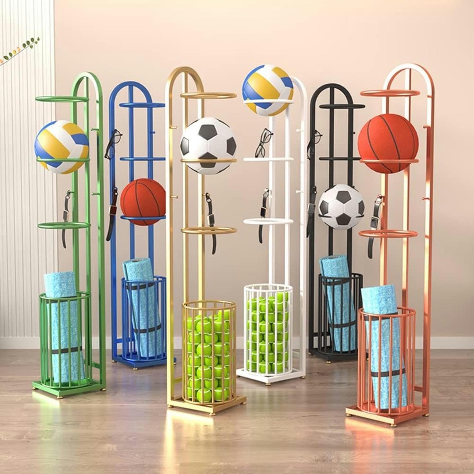 Regulowany stojak na piłki sportowe, stabilne przechowywanie do siatkówki, piłki nożnej, badmintona, zdejmowana konstrukcja (śr. 23 x 24 x 135 cm) – idealny do domowej siłowni