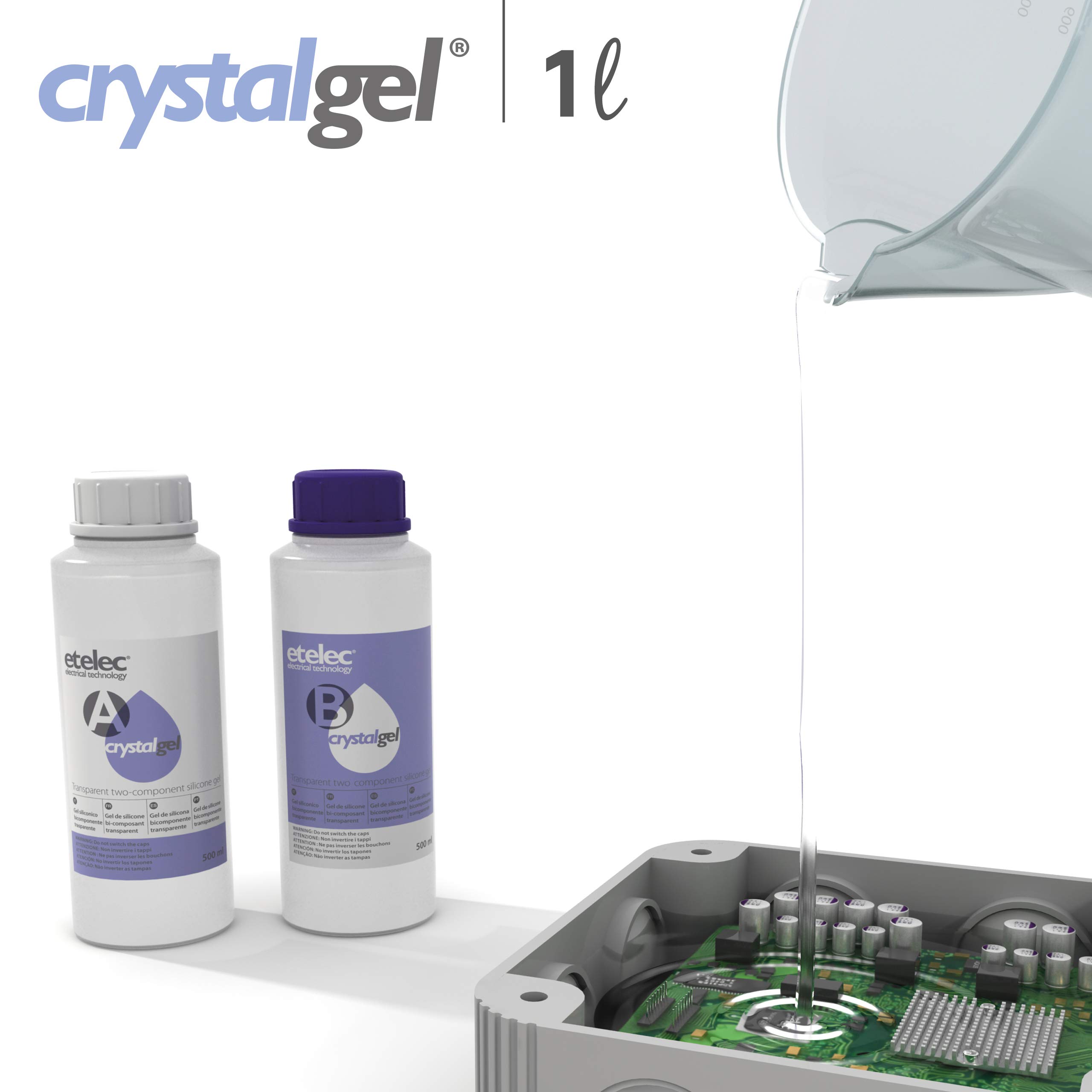 Crystalgel zestaw 1 l, dwuskładnikowe przezroczyste wypełniacze żelowe silikonowe, izolowane pudełka na uszczelki, opakowanie 2 x 500 ml butelki + dzbanek