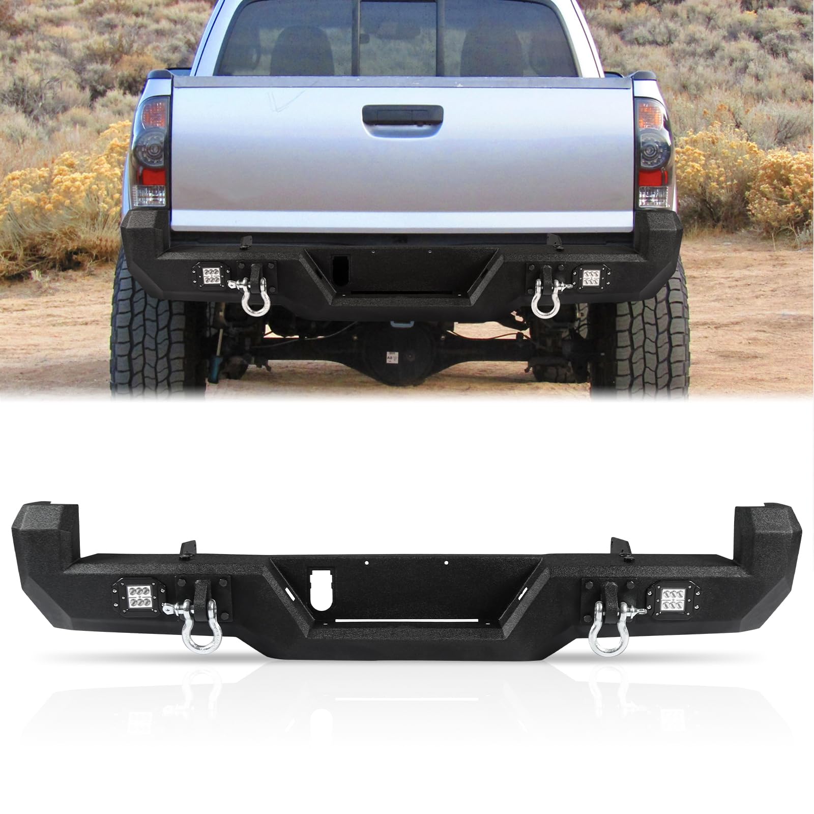 Off Road Rear Bumper Fit for Toyota Tacoma 2016-2023, Steel Bumper fit for 3rd Gen Tacoma with 2 Lights D-Rings Black Powder-Coated Carbon Steel Rear Step Bumper Powder Coated Black