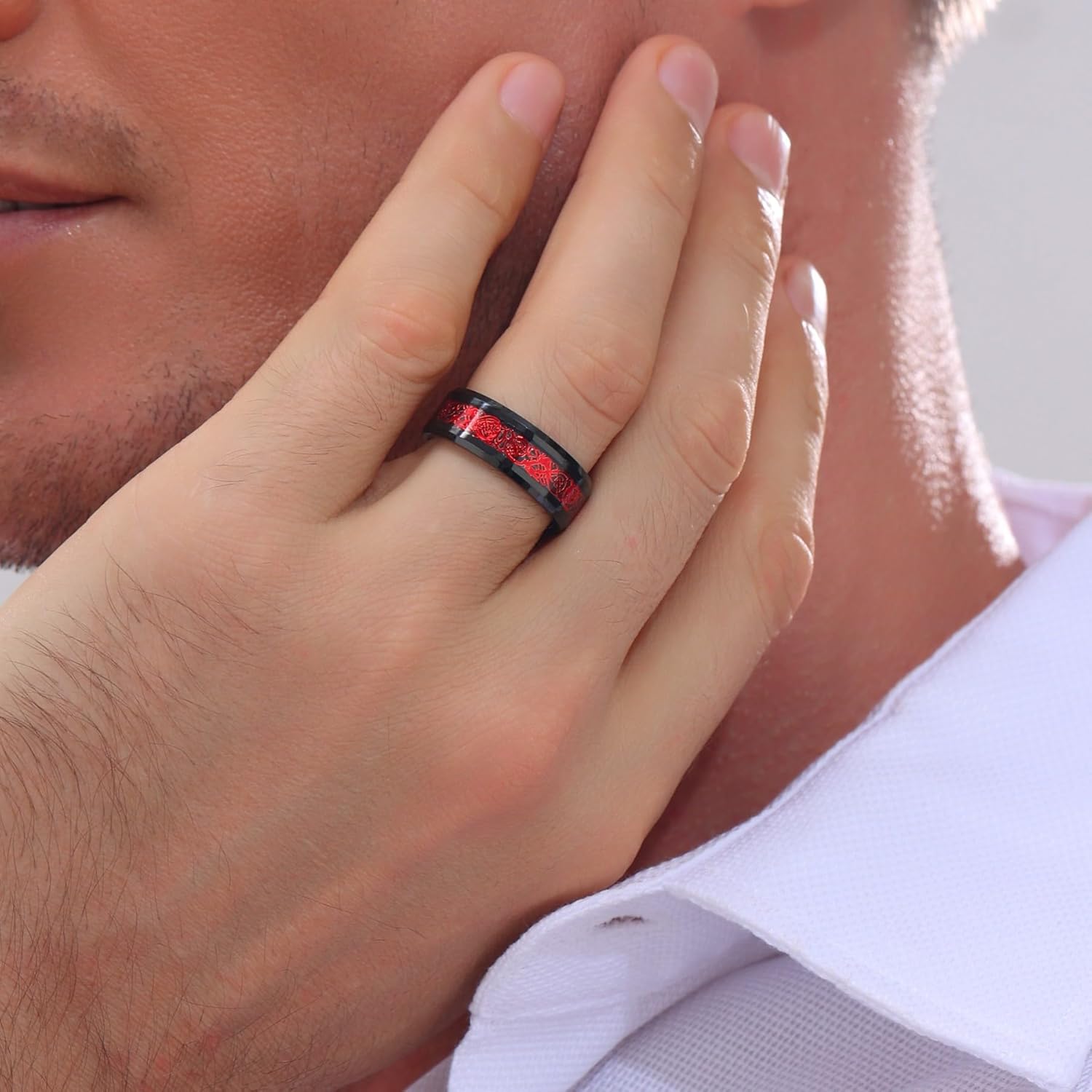 8mm Black Tungsten Carbide Ring for Men Women Red Carbon Fiber Celtic Dragon Inlay Knot Promise Wedding Band Beveled Edges Polished Comfort Fit - Image 4