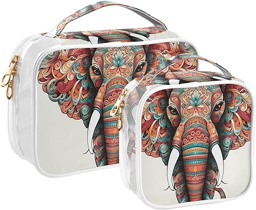 Bolsa de aseo transparente con mandala de elefante colorido para viajar, paquete de 2 bolsas de cosméticos de maquillaje con cremallera, bolsa de