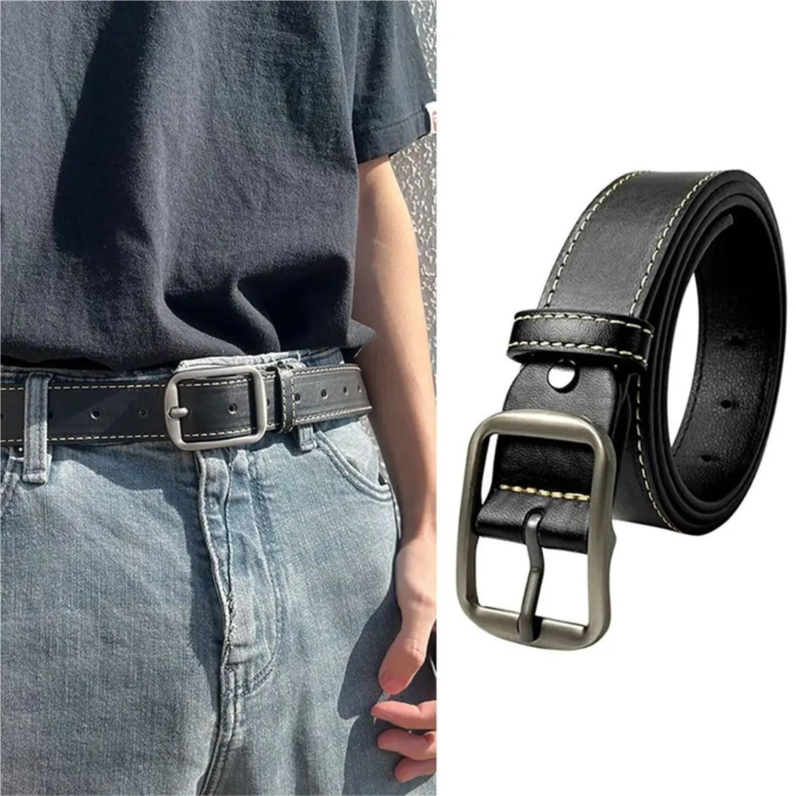 Ceinture Homme 2 pièces Ceinture en Cuir for Hommes Boucle ardillon Jean Ceinture Noire Dames Sangle Vintage Ceinture pour Jeans(120cm)