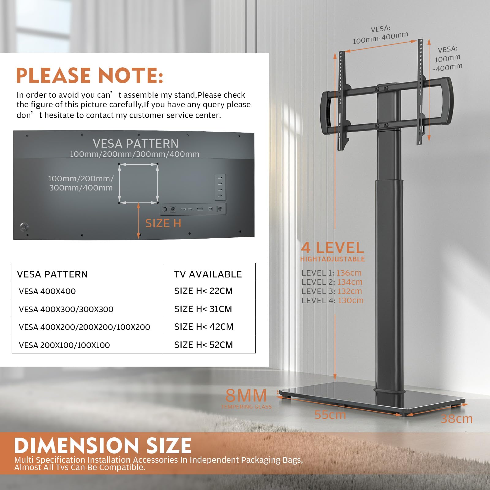 Soporte TV Pie, Mueble Soporte TV Suelo con Giratorio de 80°y Altura Ajustable, Poco Espacio para TV, LCD, LED, OLED de 27 a 65 Pulgadas, VESA MAX de 400X400 mm
