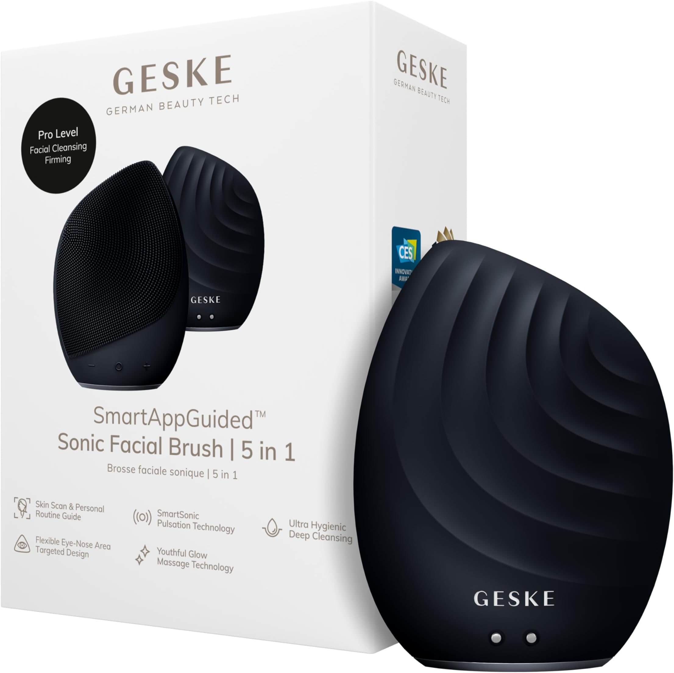 GESKE SmartAppGuided™ Sonic Facial Brush 5 in 1 | vibrating electric facial cleansing brush | soft silicone brush | professional facial cleanser | skin cleanser & exfoliator | face massager