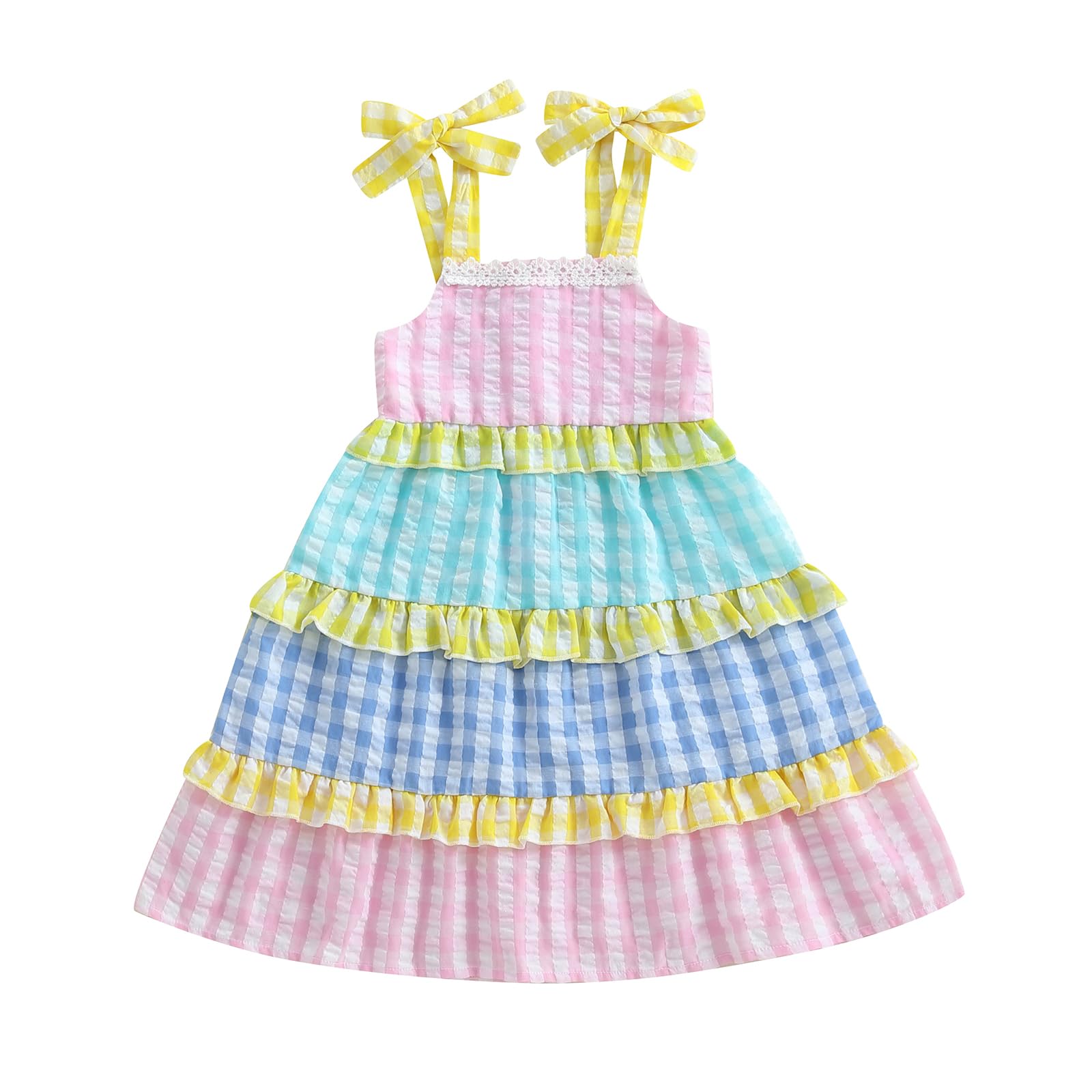 Toddler Baby Girl Sun Dress Gingham Beach Dress Plaid Print Suspender Smocked A-Line Dress Overall Outfits
