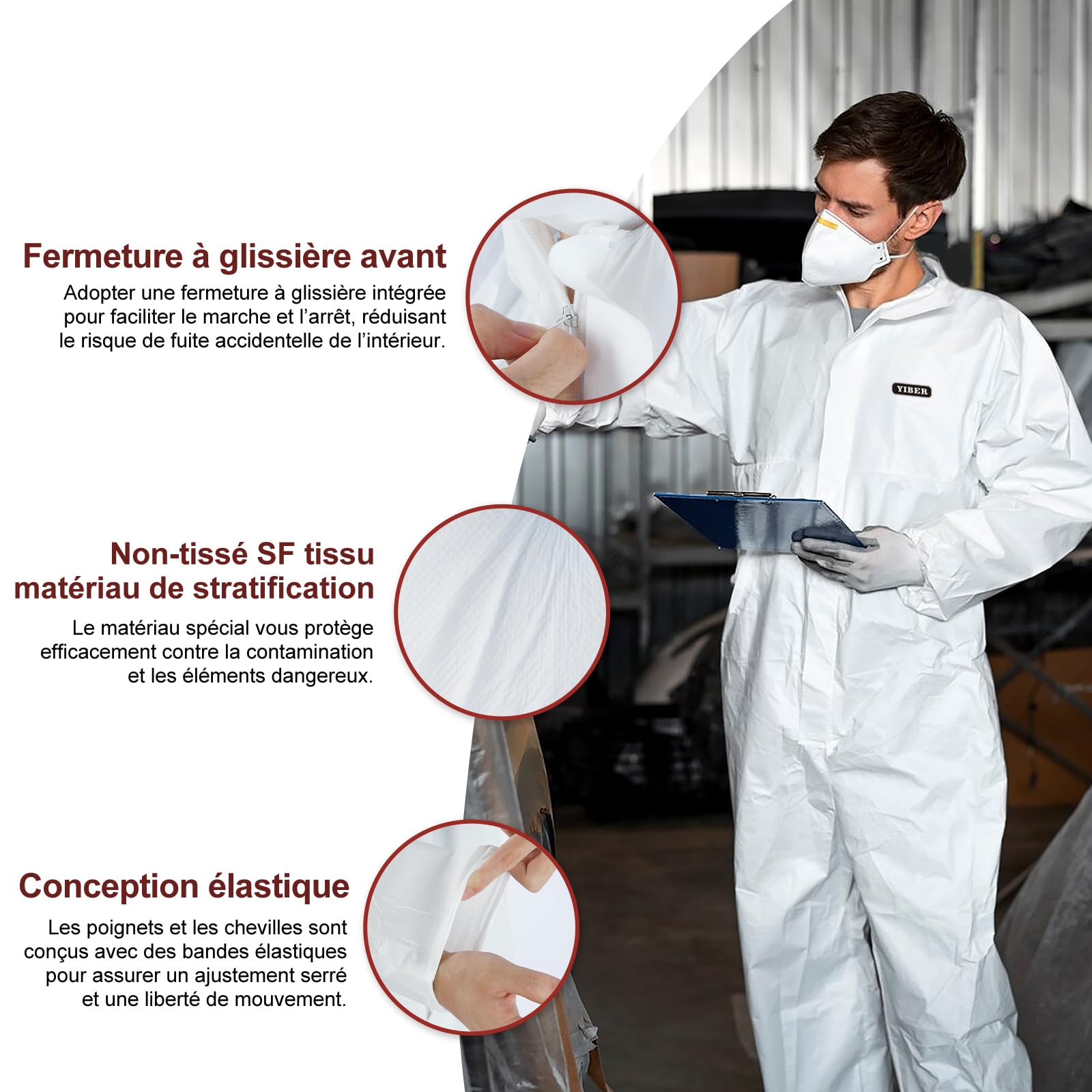 Hazmat Suit Combinaison jetable | Combinaison de peintre intégrale robuste en 7 tailles avec plusieurs spécifications pour homme et femme sans capuche – Respirant et résistant à l'eau