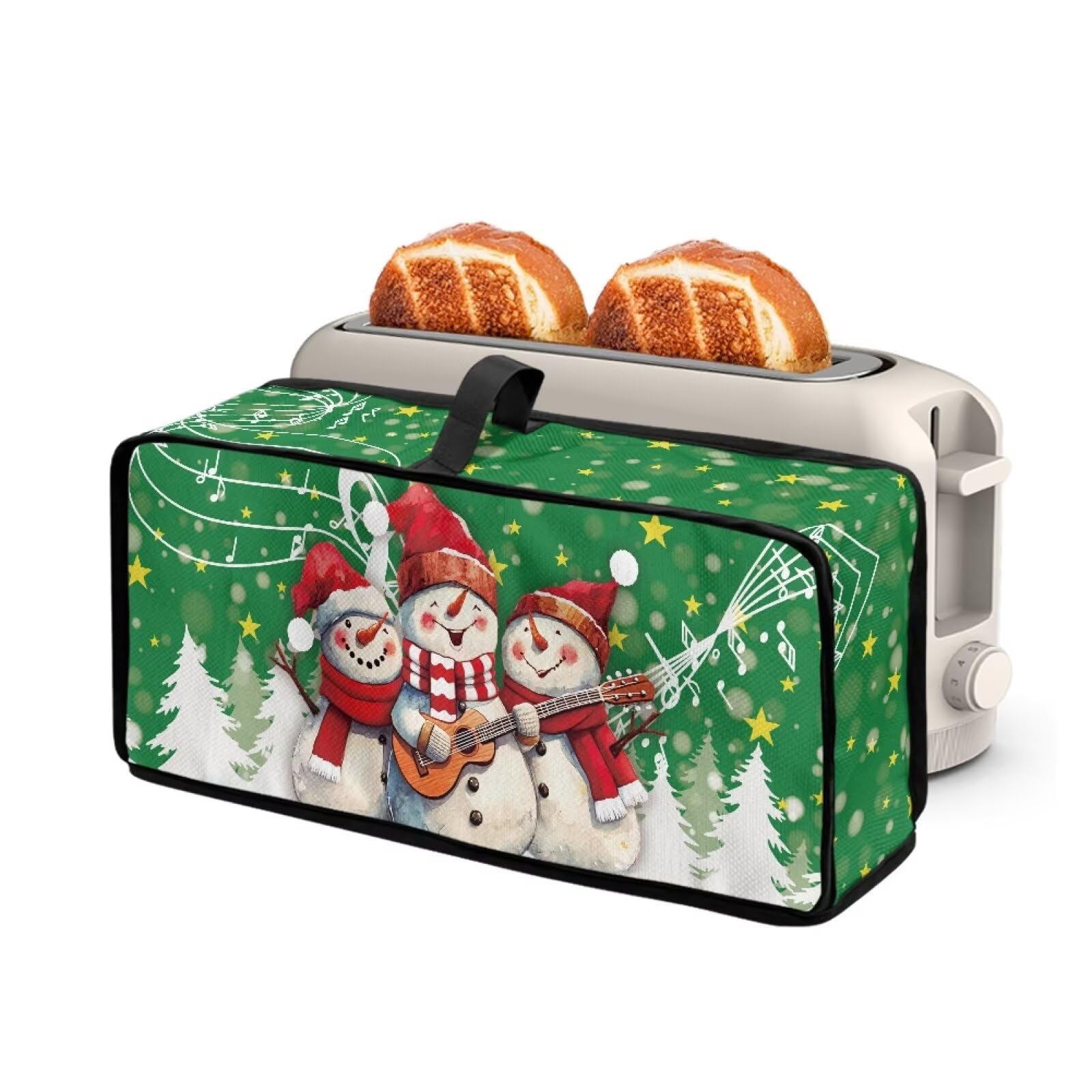 Long Slot 2 Slice Bread Toaster Oven Dustproof Cover with Top Handle Fits for Most Standard 2 Slice Toasters Christmas Snowman Green