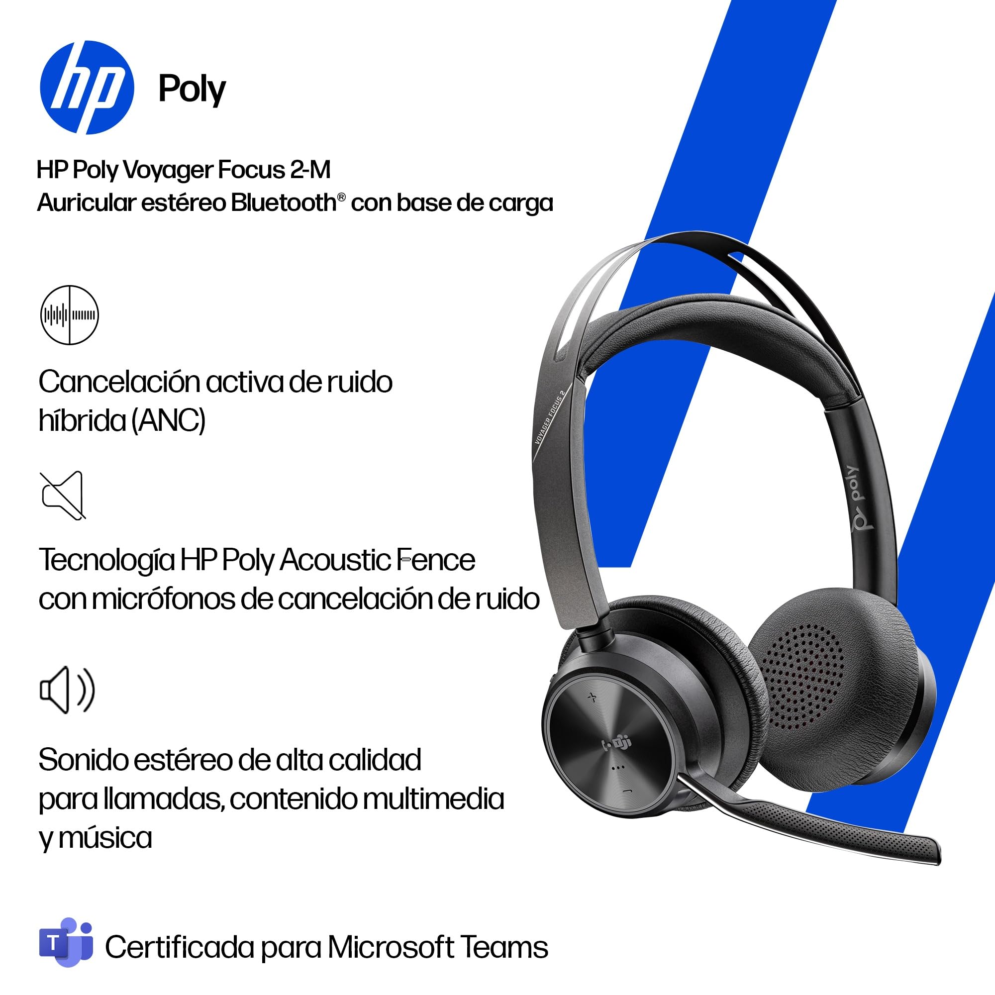 Poly Voyager Focus 2 Auriculares inalámbricos UC con micrófono y soporte de carga: compatible con PC a través del adaptador BLUETOOTH BT700 incluido o mediante cable USB