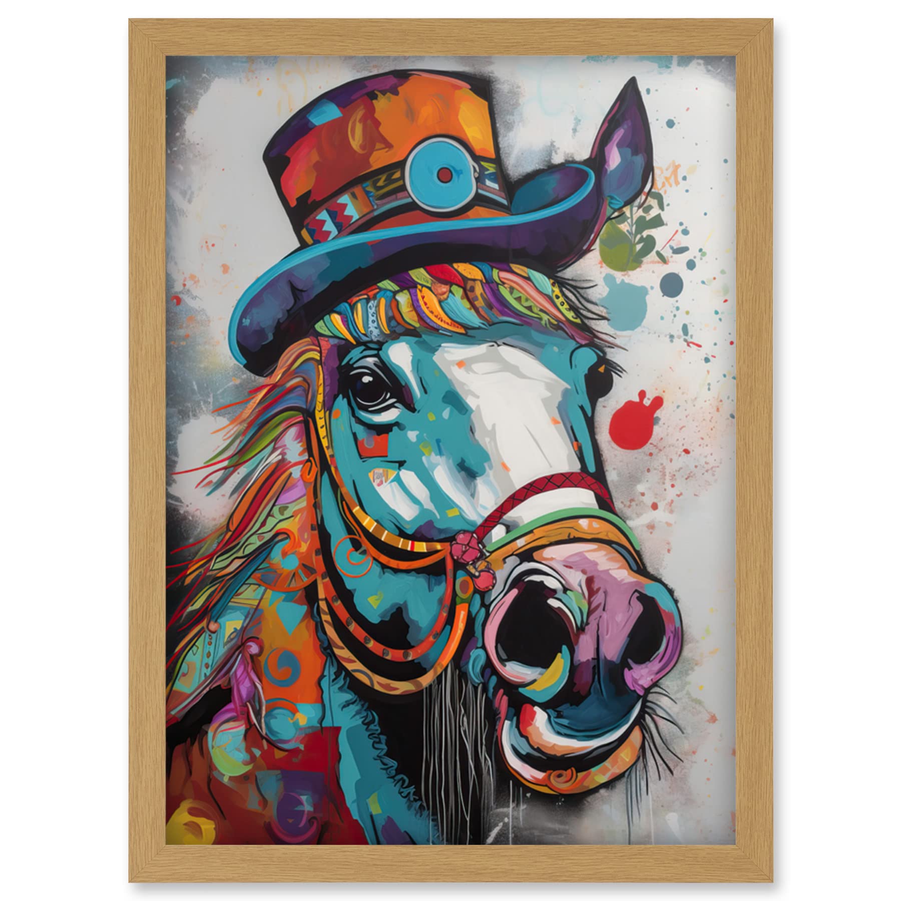 Artery8 Horse Hippie in Multicoloured Bridles and Top Hat Artwork Framed Wall Art Print A4