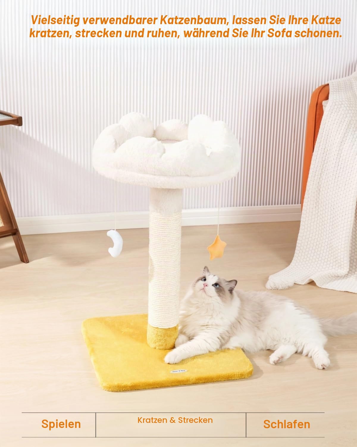 Happi N Pets Große Größe Wolke Kratzbaum mit Bett, Katzenbaum für Indoor Katzen, Natur Sisal Katzenkratzbaum mit Katze Weiche Sitzstange für Kätzchen & Erwachsene Katzen, Katzenturm mit Bällen,