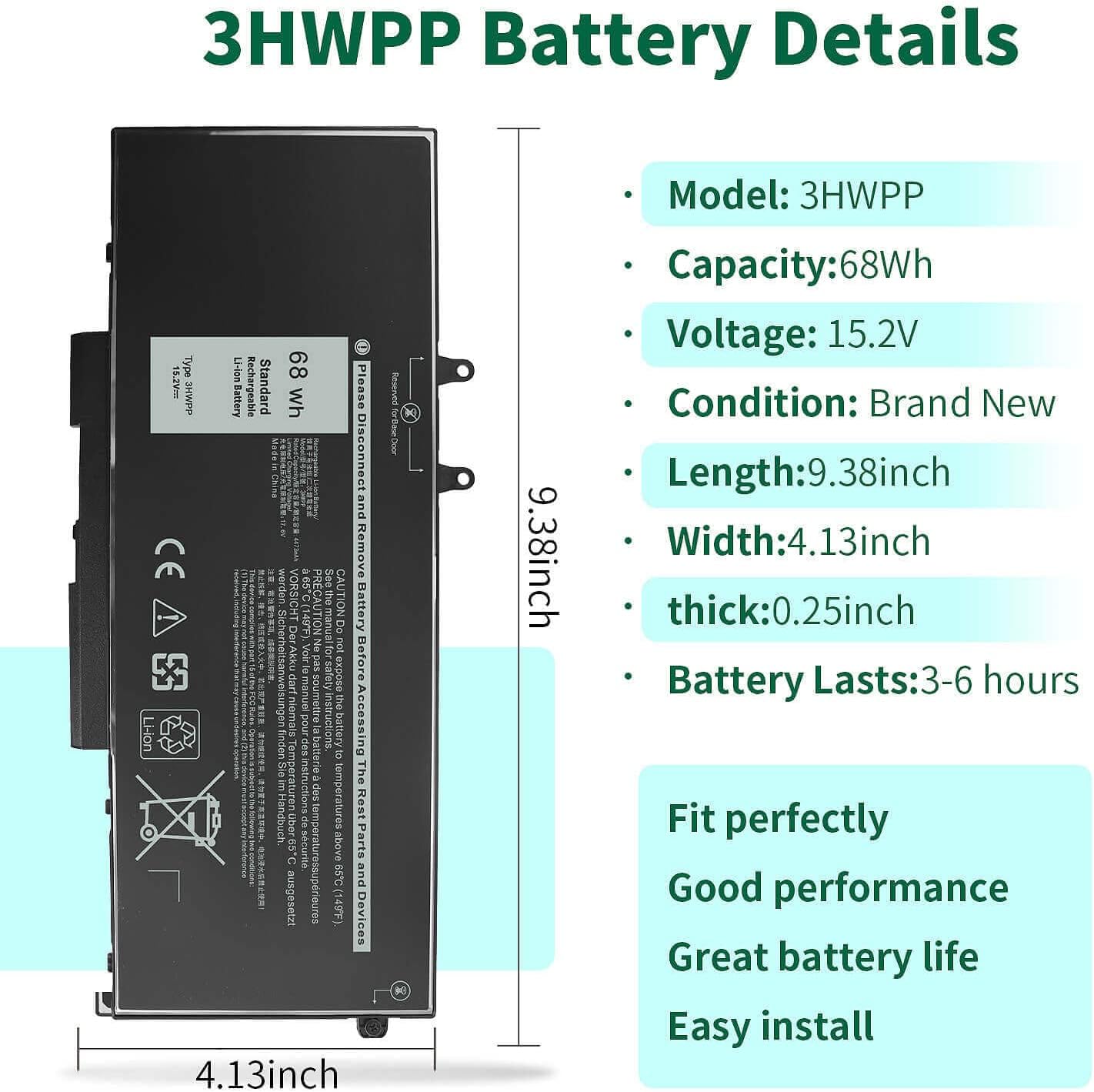 68Wh 3HWPP Replacement Battery for Dell Latitude 5410 5510 5501 5401 5411 5511 Precision 3541 3551,Inspiron 7706 2-in-1, Inspiron 17 7500 7506 2-in-1 Black 03HWPP 10X1J N2NLL 1VY7F 451-BCMN 15.2V