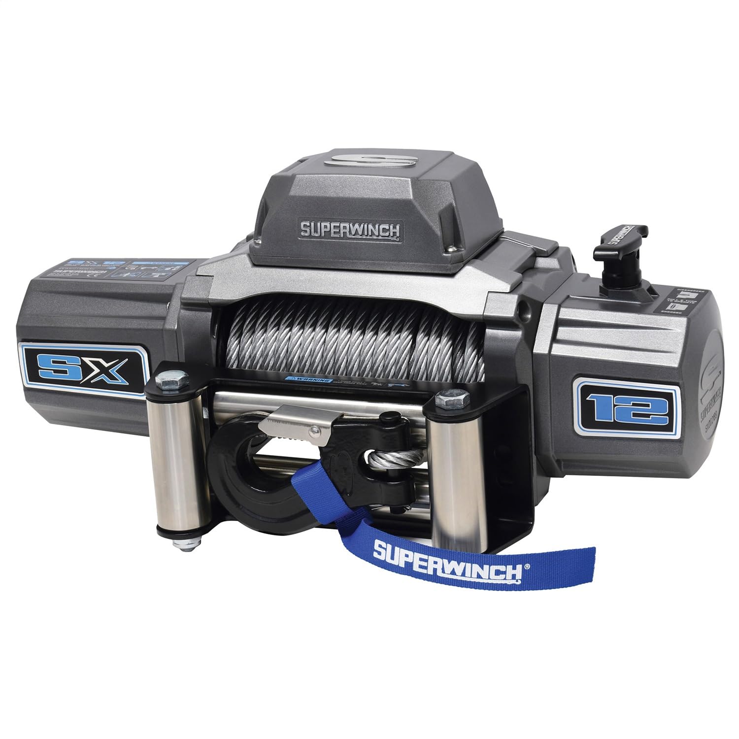 Superwinch 1712200 SX12 12V DC Electric Waterproof Recovery Winch 12,000lb/5,443kg Single Line Pull with Roller Fairlead 3/8in x 85ft Steel Wire Rope Corded Handheld Remote No-Bind Clutch