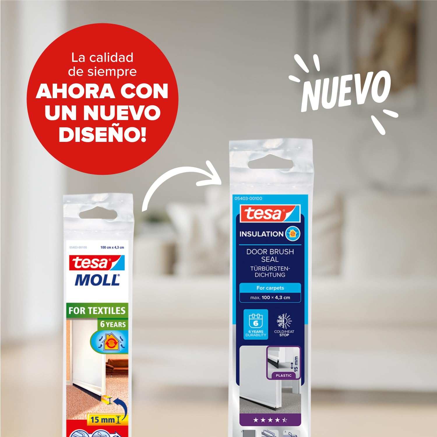 Barra bajo puerta de PVC cepillo para moquetas tesamoll, 1 m x 43 mm, color blanco
