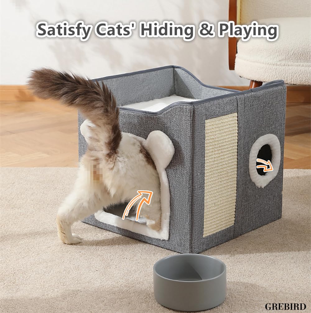 منزل للقطط من جريبيرد، سرير للحيوانات الاليفة قابل للطي مع وسادة خدش وكرة معلقة وكهف مخبأ، عش مكعب للقطط الصغيرة، شقق برج القطط، بيت نشاط للقطط وسرير الحيوانات الاليفة المغطى ومركز لعب مقعد القطط