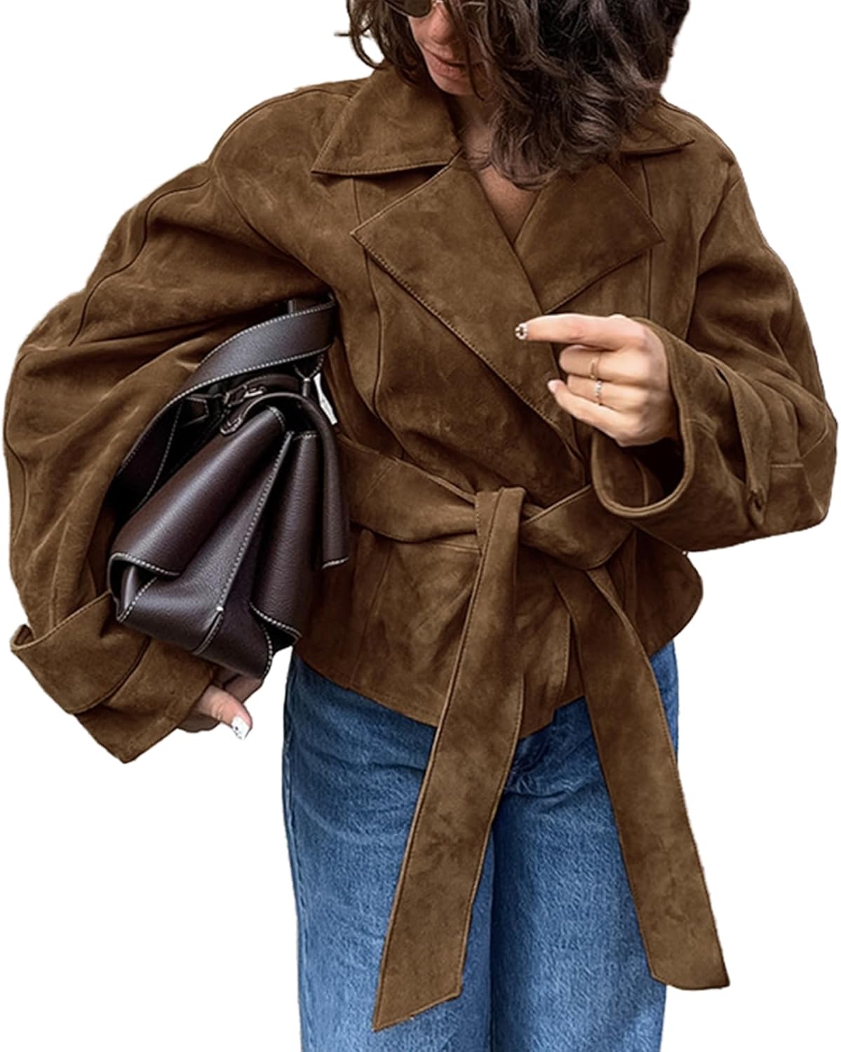 VOIKERDR Brown Suede Jacket Women Trendy Faux Suede Jacket with Belt Winter Outfits Outwear