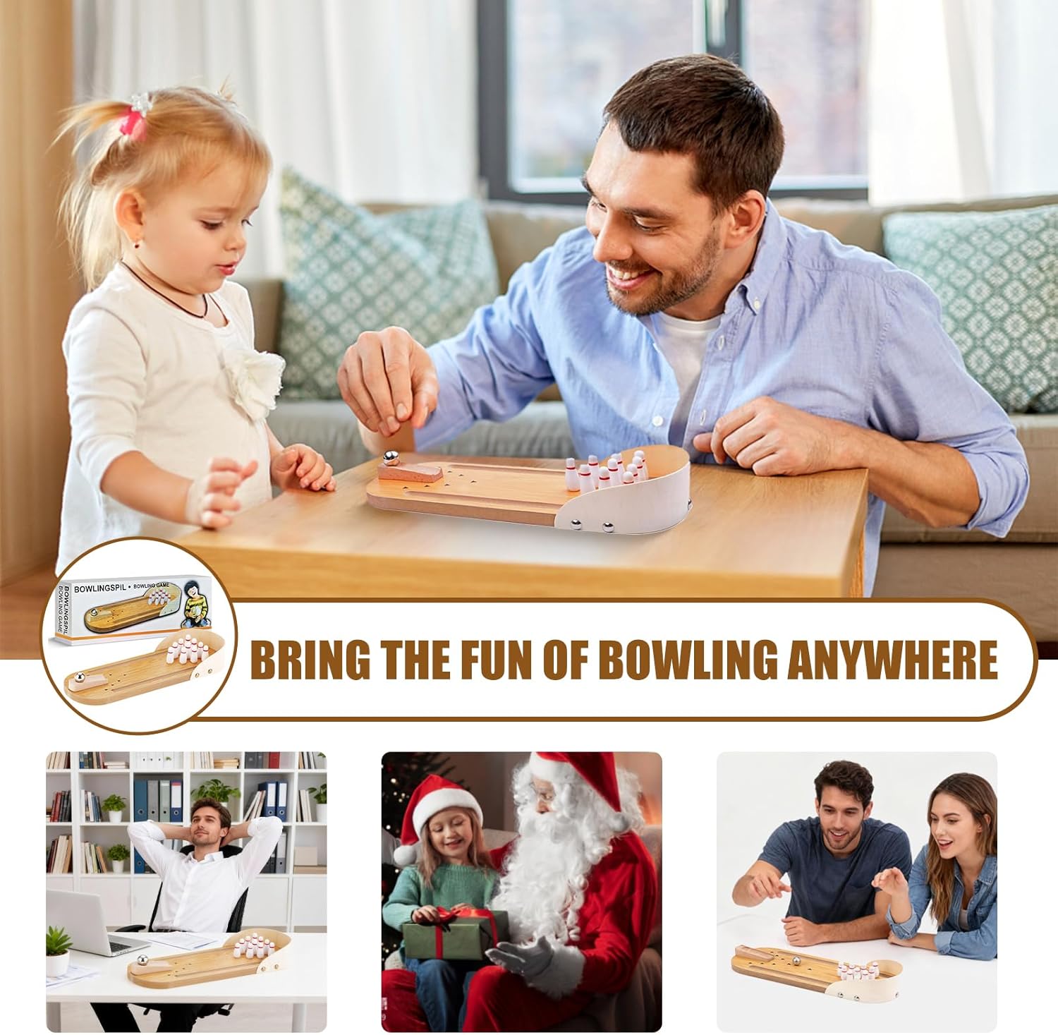 Mini Bowling Game Set, Wooden Tabletop Bowling Alley for Adults Kids, White Elephant Gift for Men Women, Office Desk Toys Stress Relief Stocking Stuffers