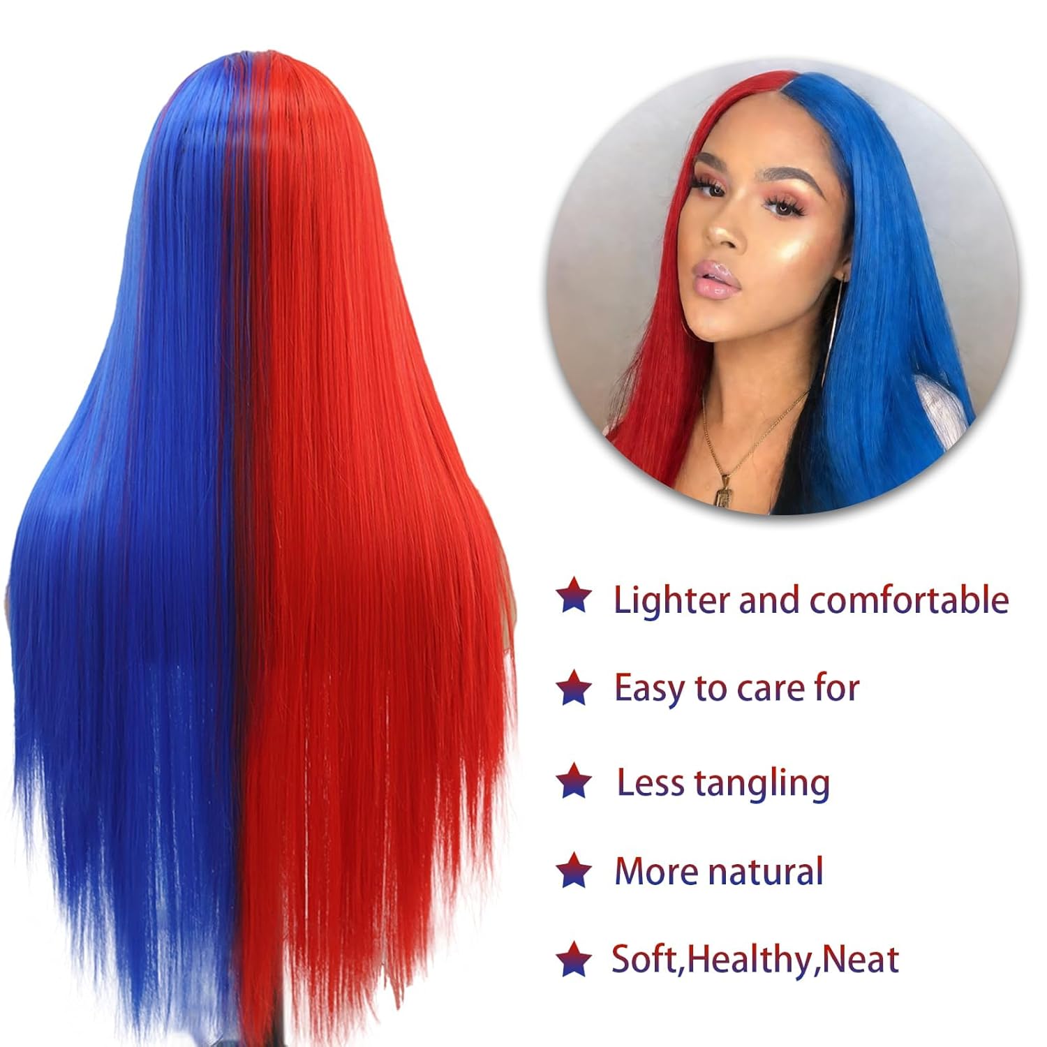 Blue and Red Color Lace Front Wigs Long Straight Half Blue and Half Red Wigs Heat Resistant Natural Straight Wigs Long Silky Synthetic Hair for Women 24-26 Inch Daily Party Use
