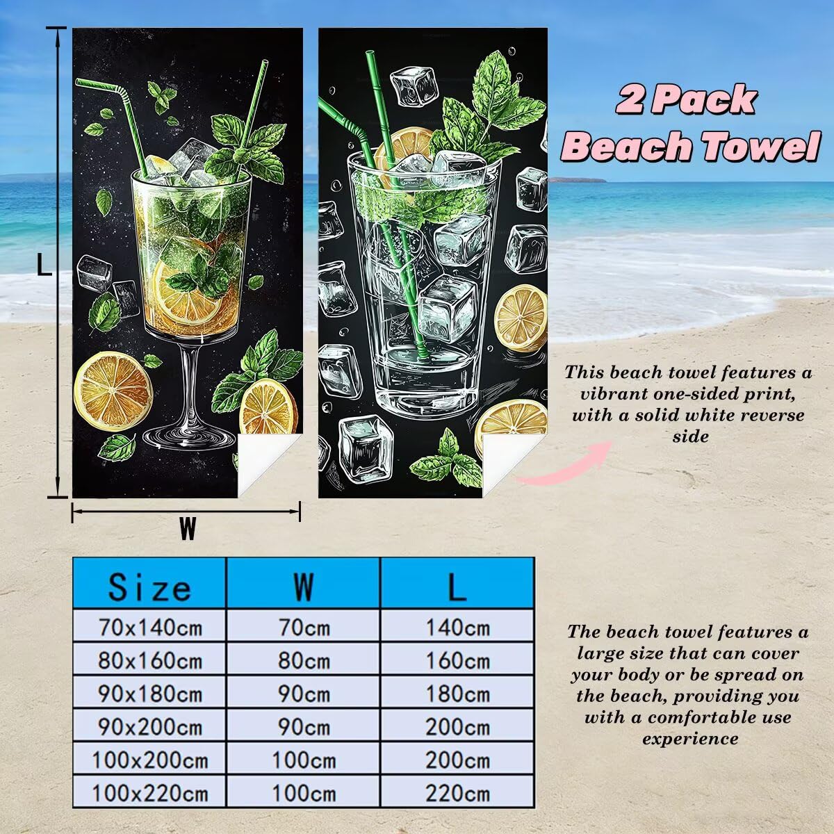 Juego de 2 Toalla Playa Grande 80x160 cm, Secado Rapido Toalla Microfibra Gimnasio, Antiarena Toallas de Playa Cóctel, Grande Ligera Compacta Toallas Microfibra Mujer Hombre para Viaje Piscina -5060
