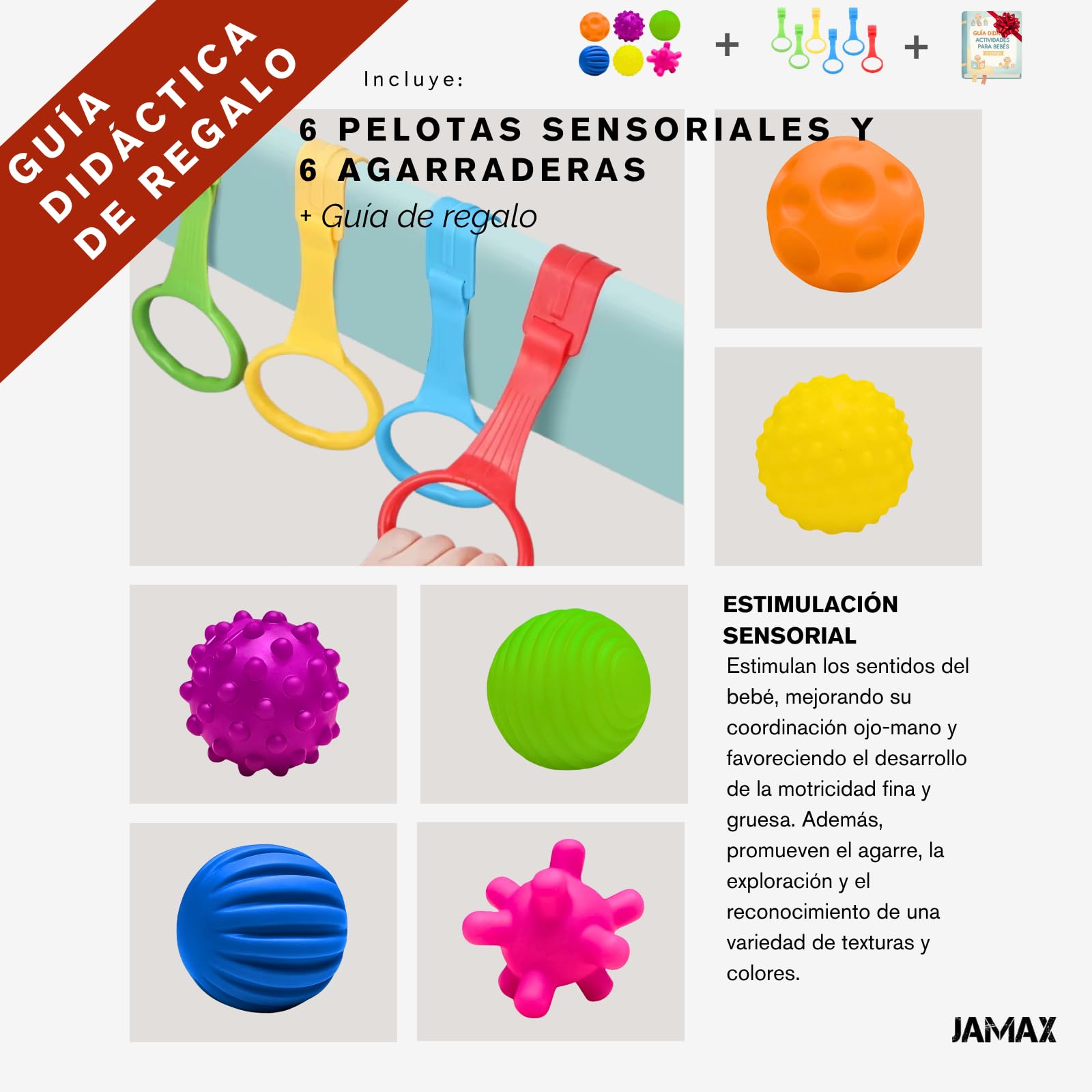 JAMAX Parque Infantil Bebe 150x180 | Corralito bebe | Parque bebe Alfombra Acolchada Reversible 1,5 cm de Grosor + 6 Pelotas Sensoriales +6 Agarraderas + Bolsa transporte (150 x 180)
