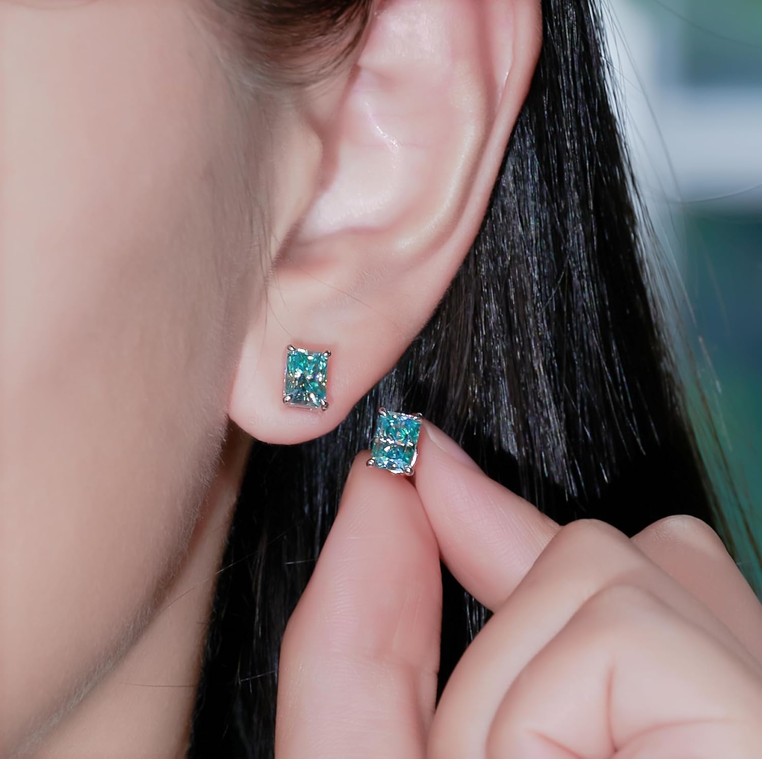 GIGAJEWE Blue Green Color Moissanite Stud Earrings Radiant Cut Moissanite Earrings 2.0ct/pair,18K Gold Plated 925 Steling Silver, Stud Earrings For Women - Image 2