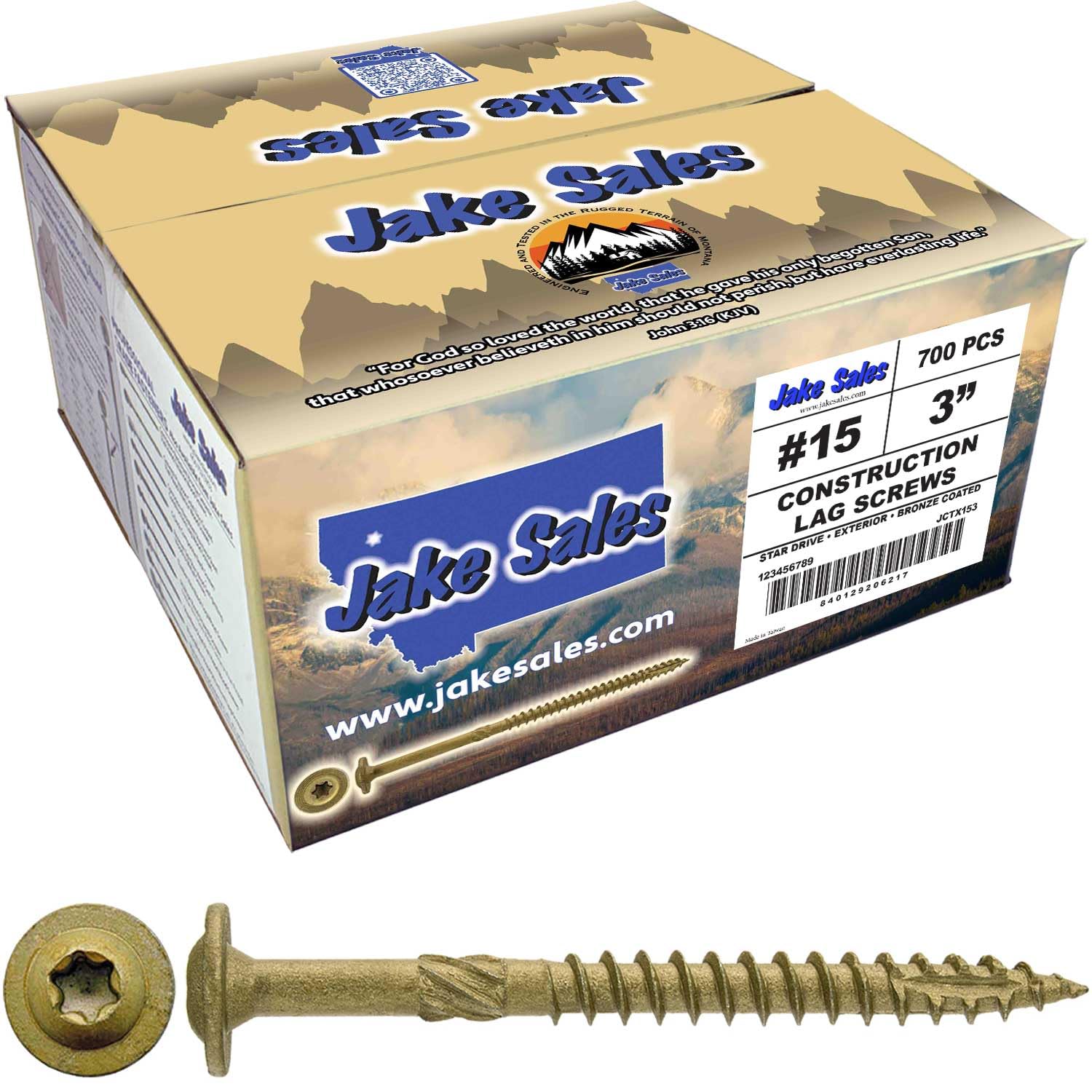 Jake Sales #15 x 3 Construction Lag Screw Exterior Coated Torx/Star Drive Heavy Duty Structural Lag Screw Far Superior to Common Lag Screws (Full Box 700 Screw Count) Modified Truss Washer Head